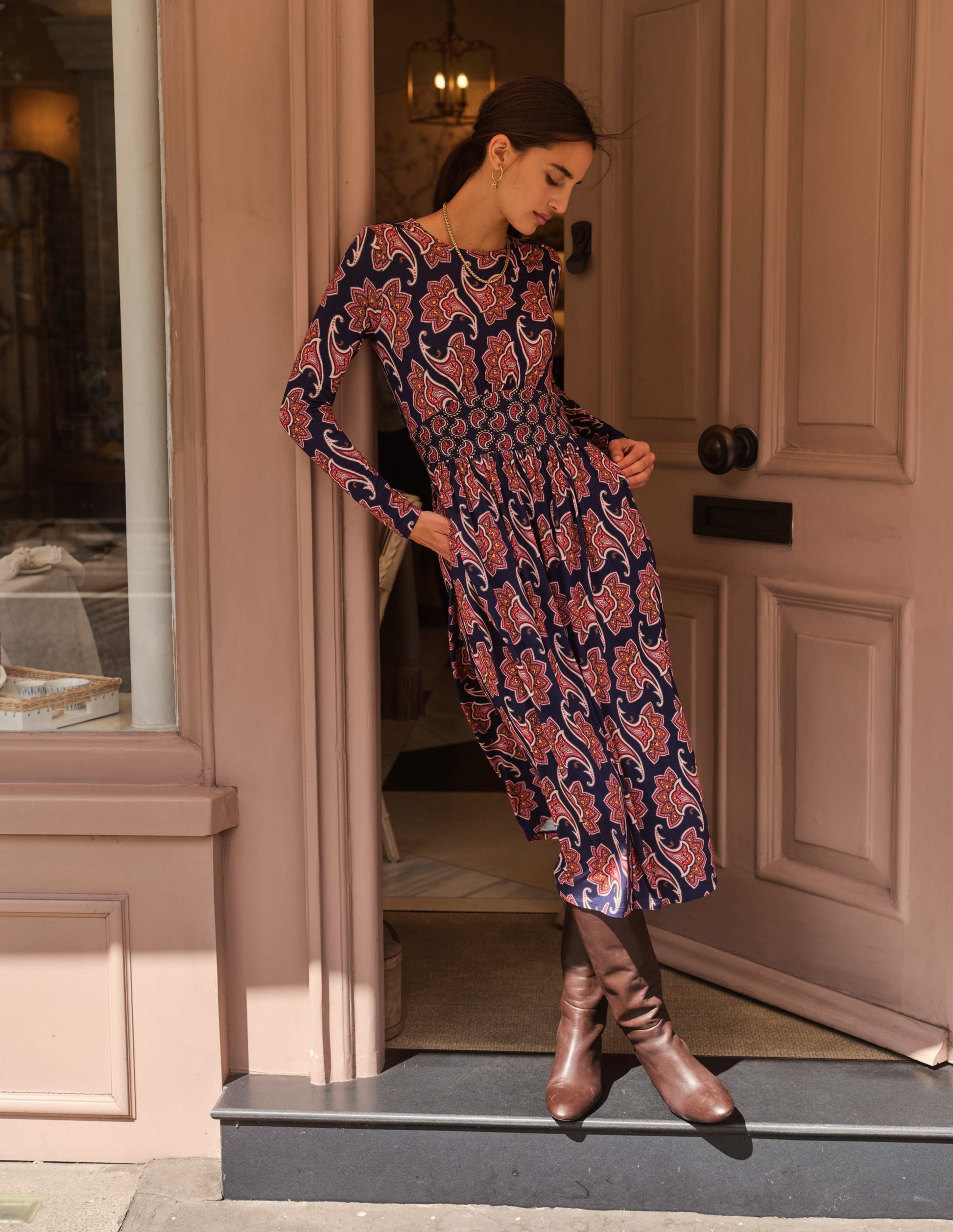 Thea Long Sleeve Midi Dress-French Navy, Paisley Amaryllis-5