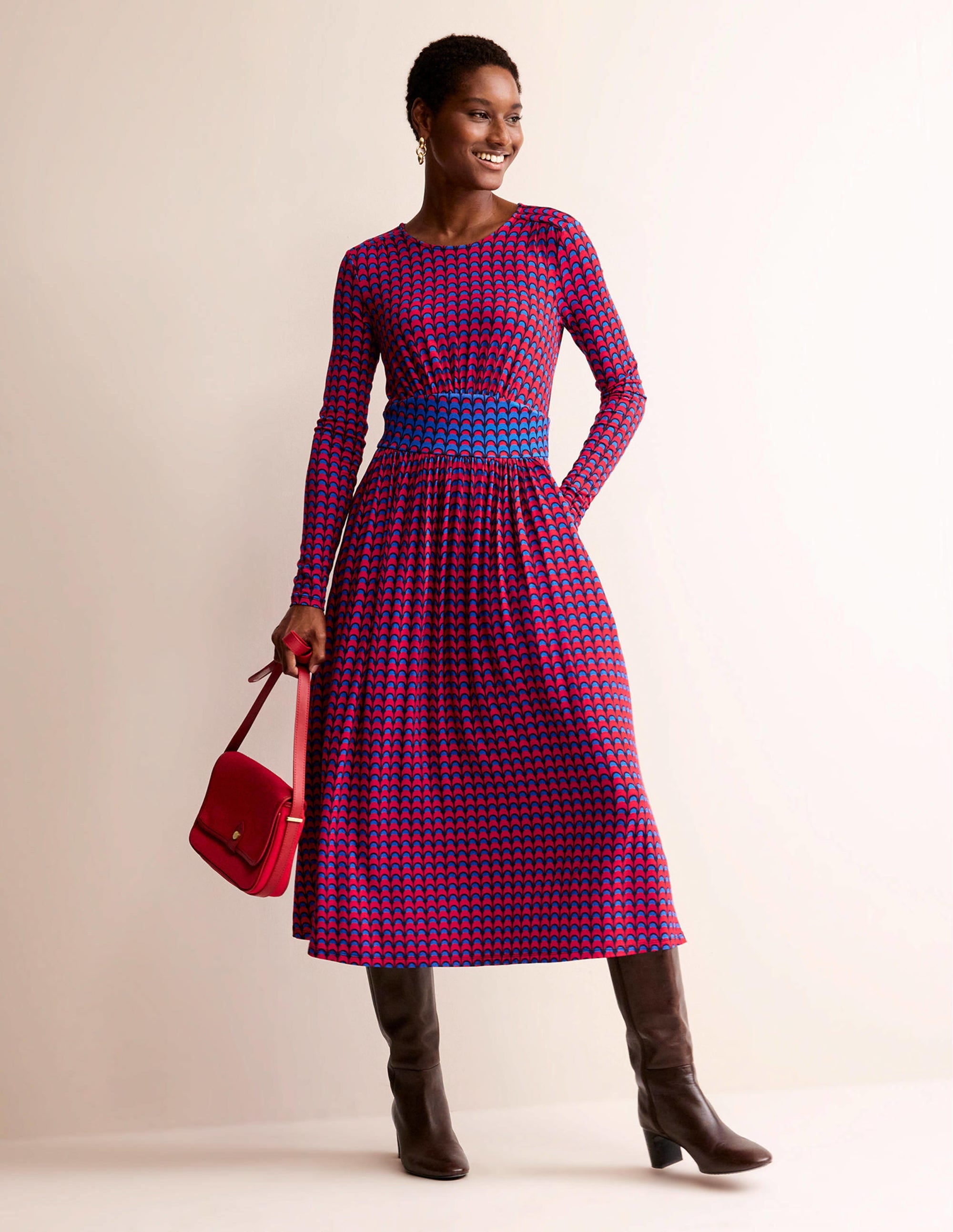 Thea Long Sleeve Midi Dress-Brilliant Red, Geo Charm - Image 1
