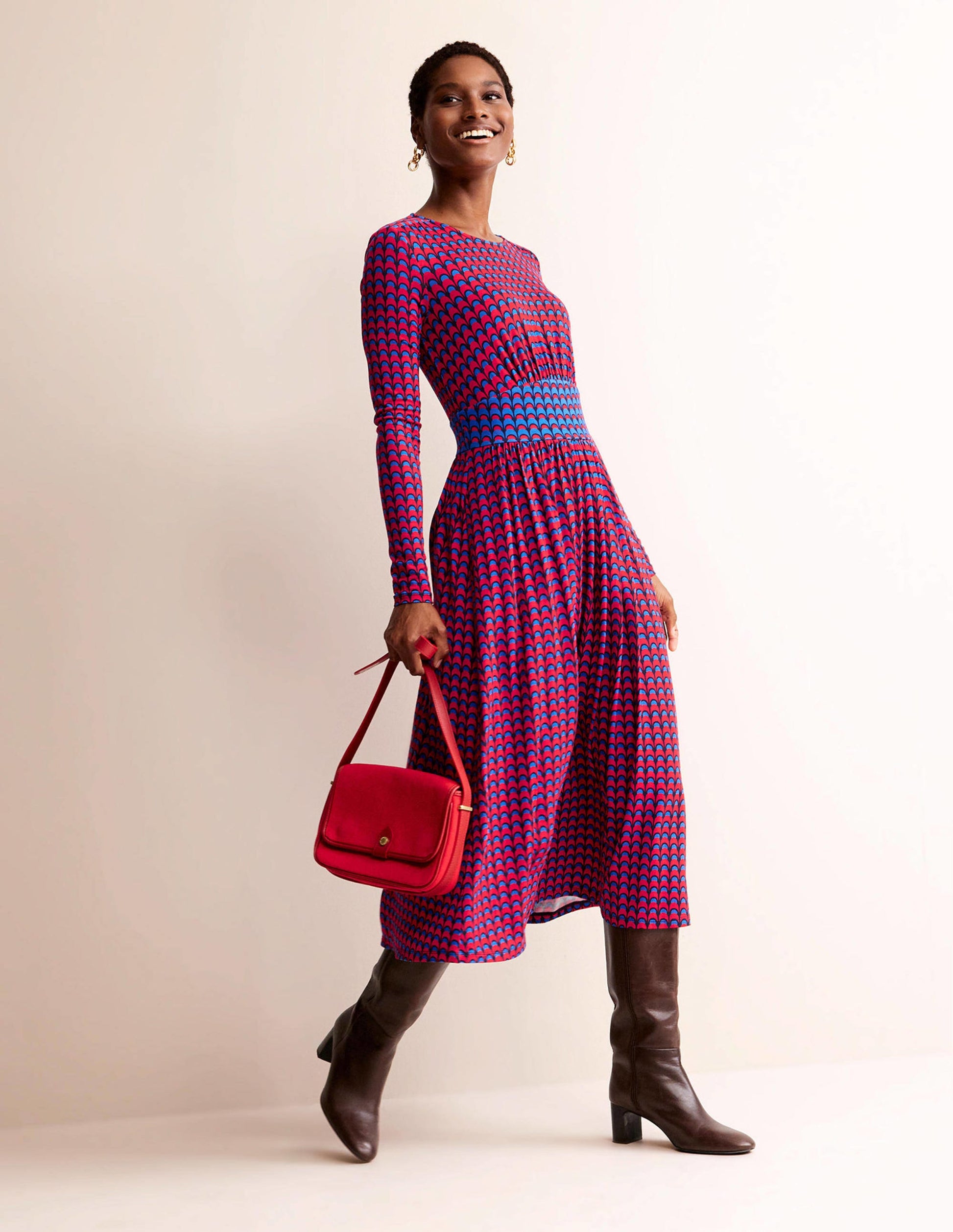 Thea Long Sleeve Midi Dress-Brilliant Red, Geo Charm-4