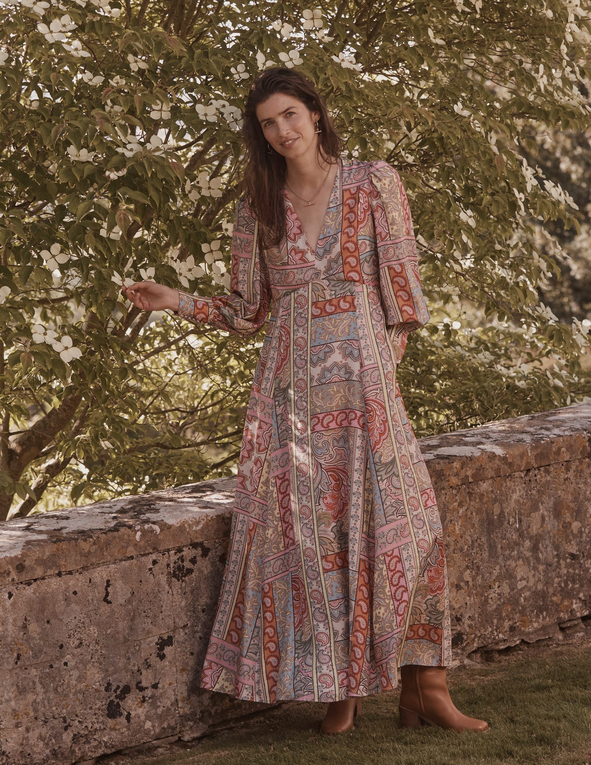 Blouson Sleeve Maxi Tea Dress-Multi, Patchwork-5