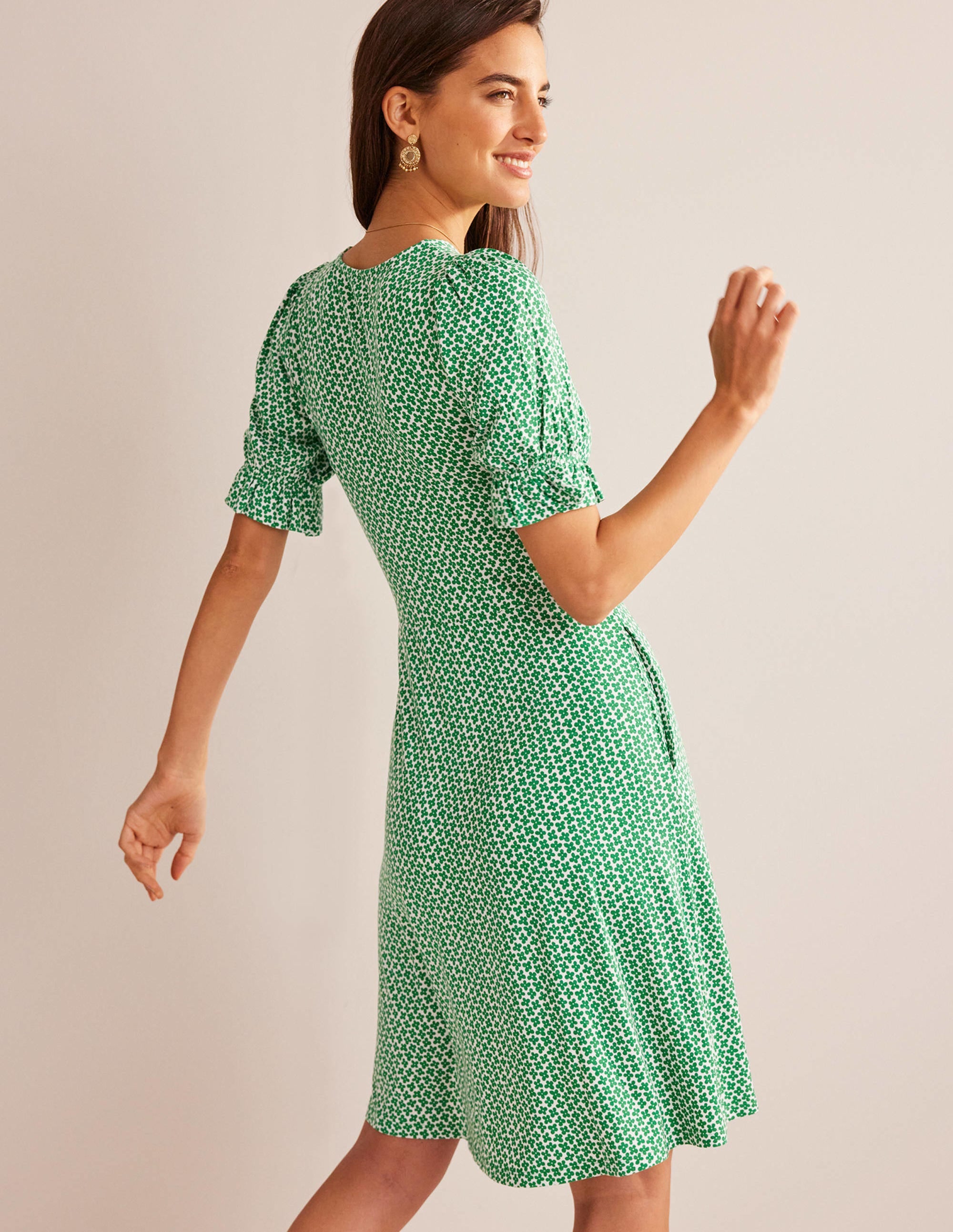 Puff Sleeve Jersey Mini Dress-Meadow Green, Daisy Bud - Image 3