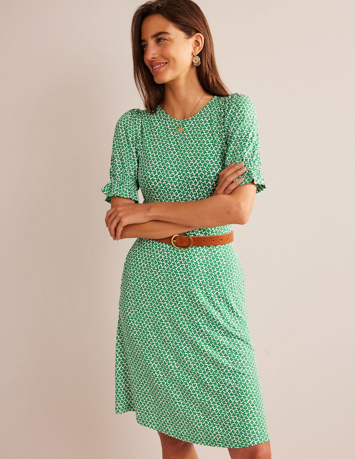Puff Sleeve Jersey Mini Dress-Meadow Green, Daisy Bud-4