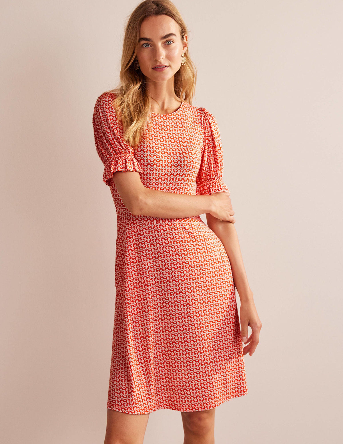 Puff Sleeve Jersey Mini Dress-Vermillion, Tulip Pop-1