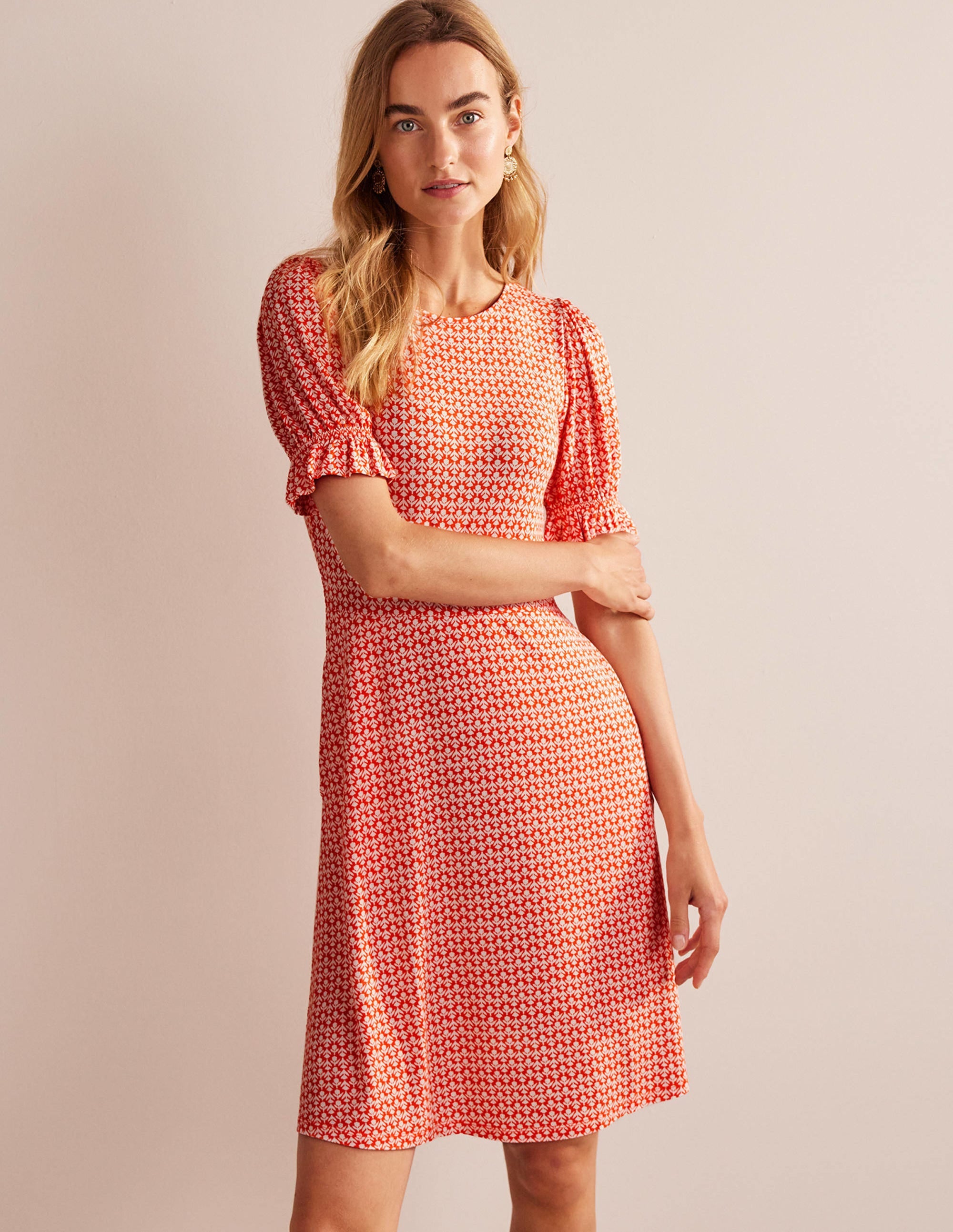 Puff Sleeve Jersey Mini Dress-Vermillion, Tulip Pop - Image 1