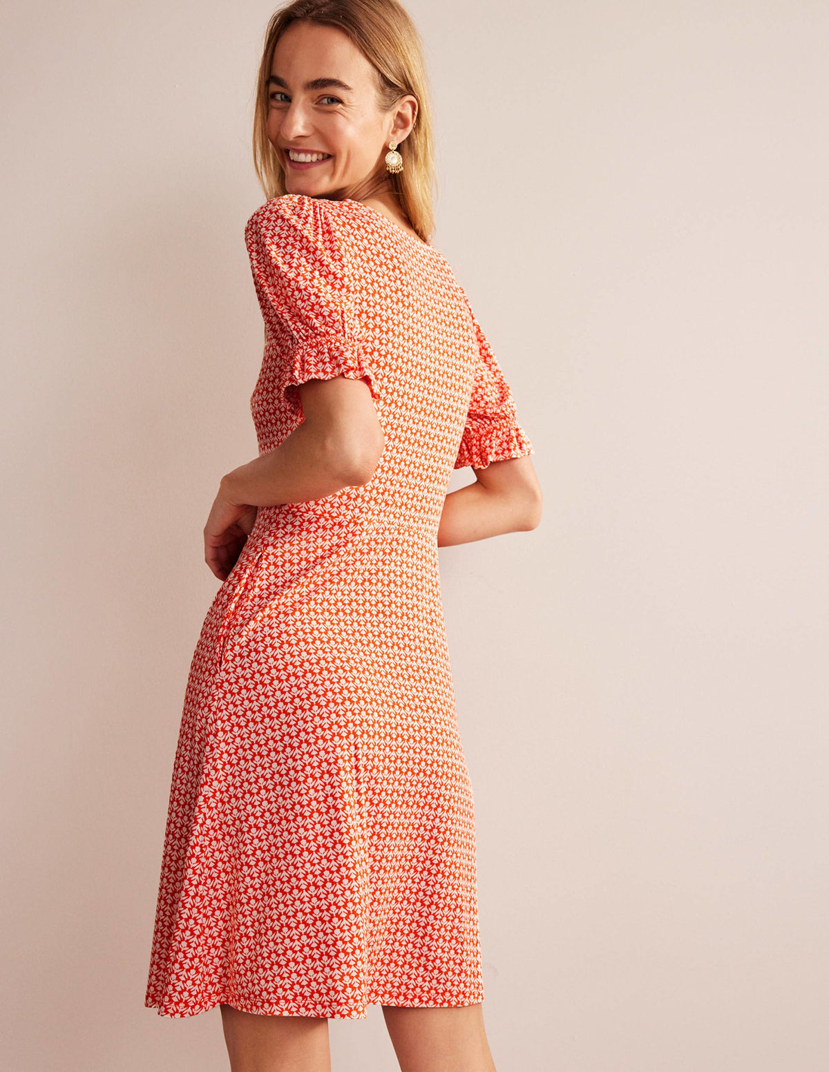Puff Sleeve Jersey Mini Dress-Vermillion, Tulip Pop - Image 3
