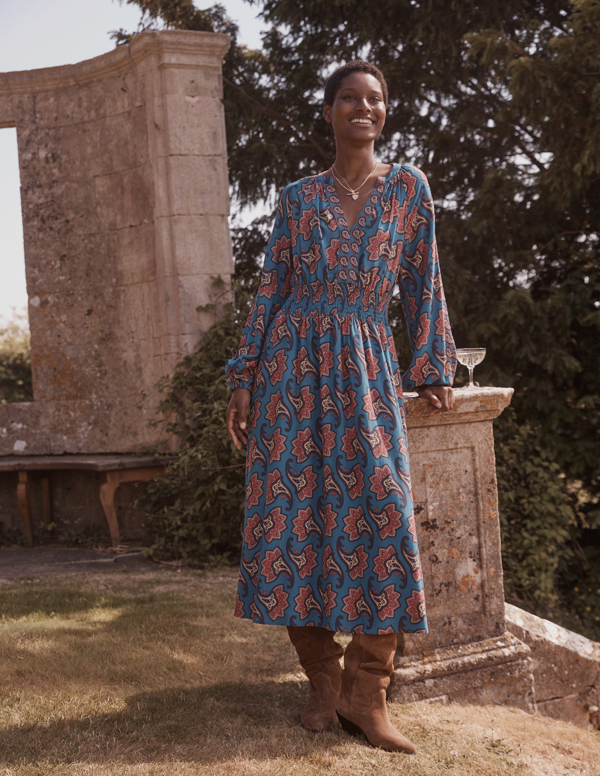 Border Print Raglan Midi Dress-Aegean Blue, Paisley Amaryllis - Image 5