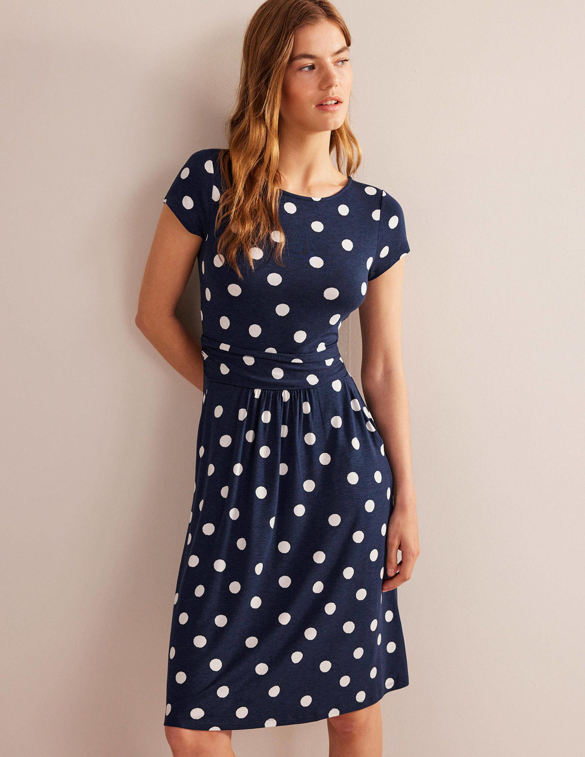 Amelie Jersey Dress-French Navy, Painterly Spot - Image 1