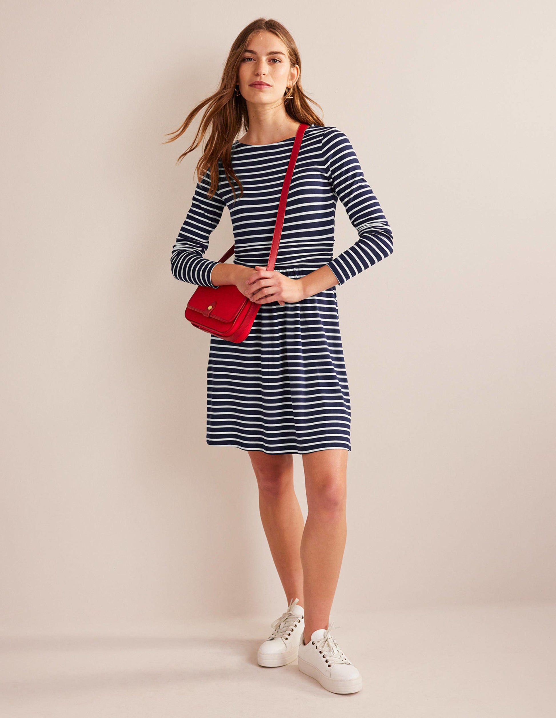 Abigail Jersey Dress-Navy, Ivory Stripe-1