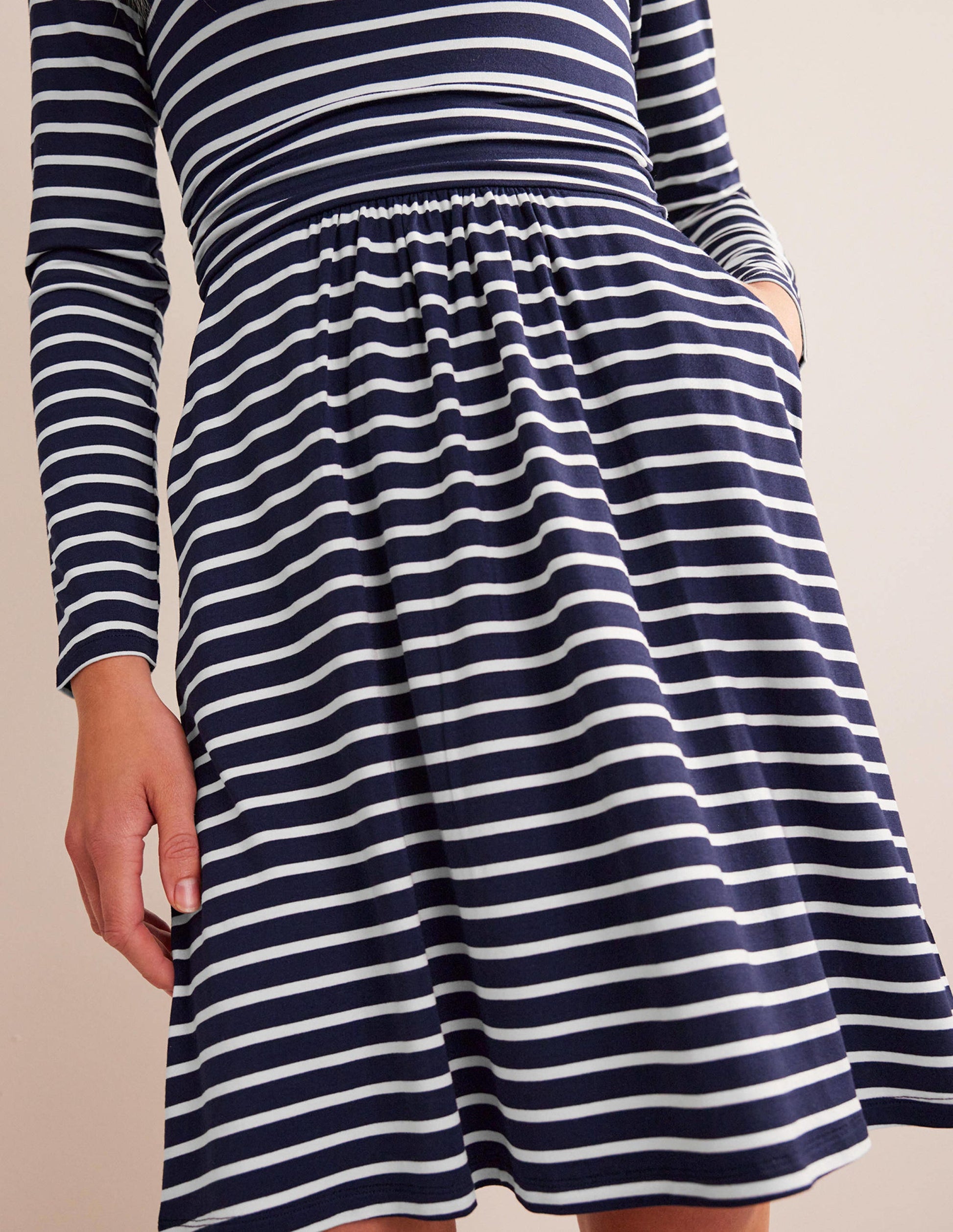 Abigail Jersey Dress-Navy, Ivory Stripe-2
