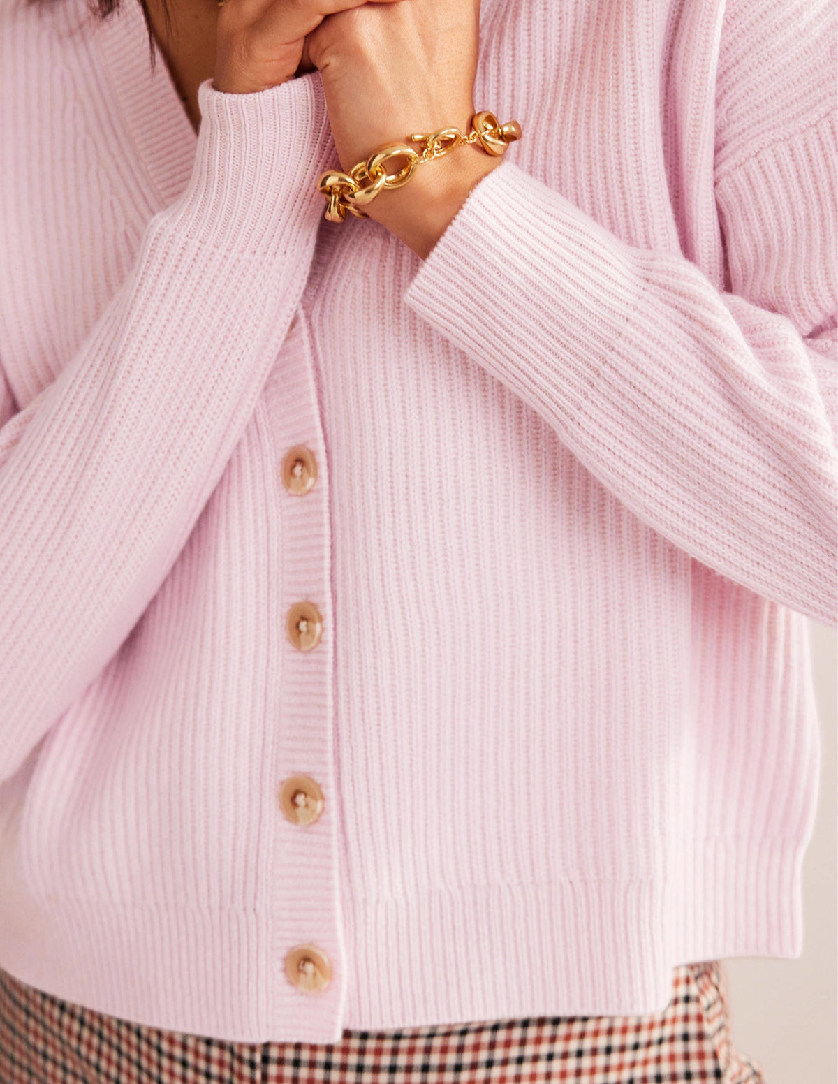 Ribbed Knit Cashmere Cardigan-Cameo Pink-2