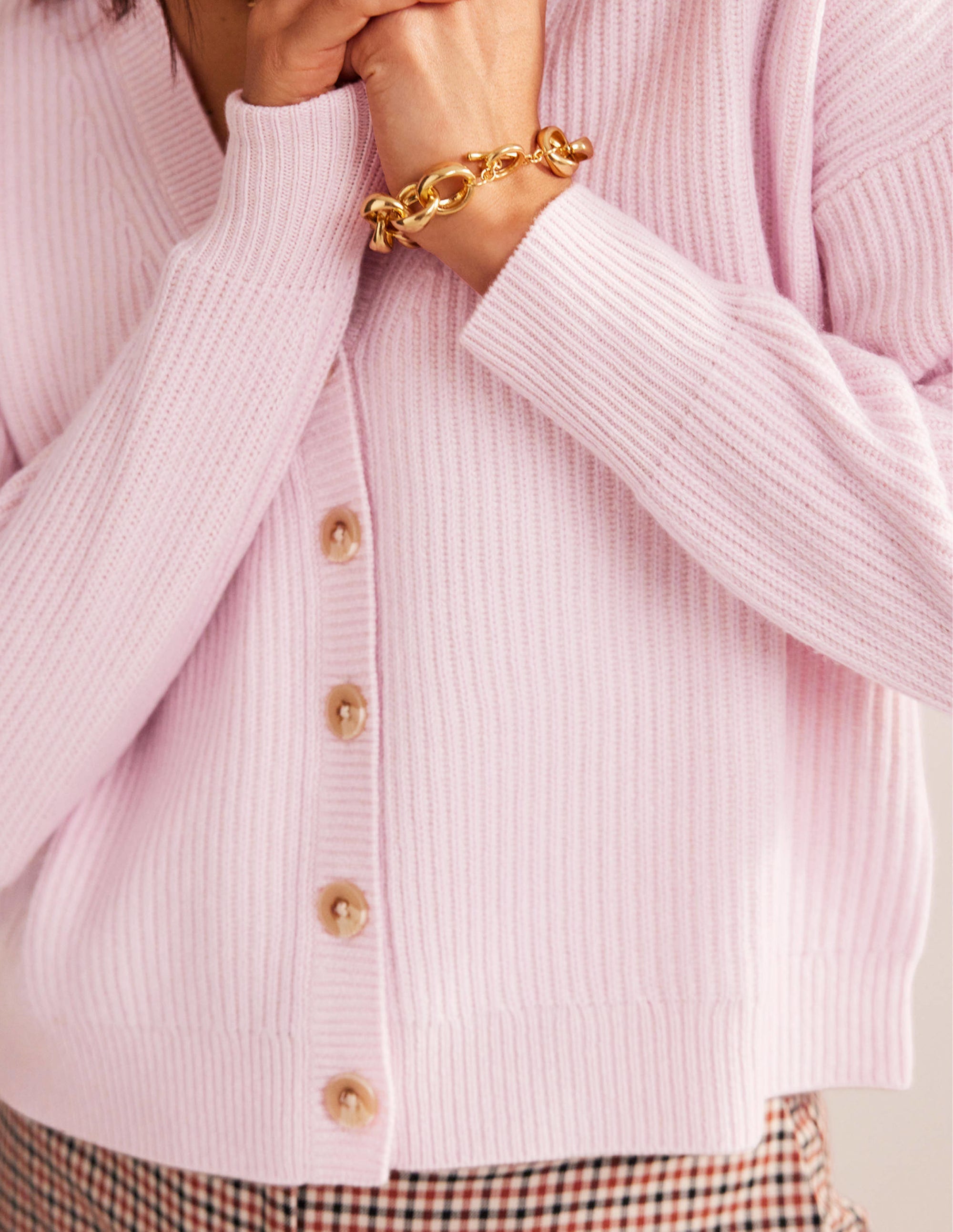 Ribbed Knit Cashmere Cardigan-Cameo Pink - Image 2
