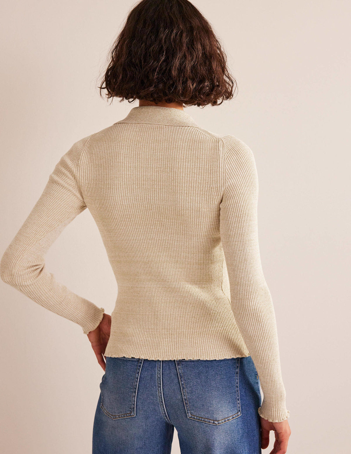 Ribbed-Knit Fitted Shirt-Oatmeal, Gold Sparkle - Image 3