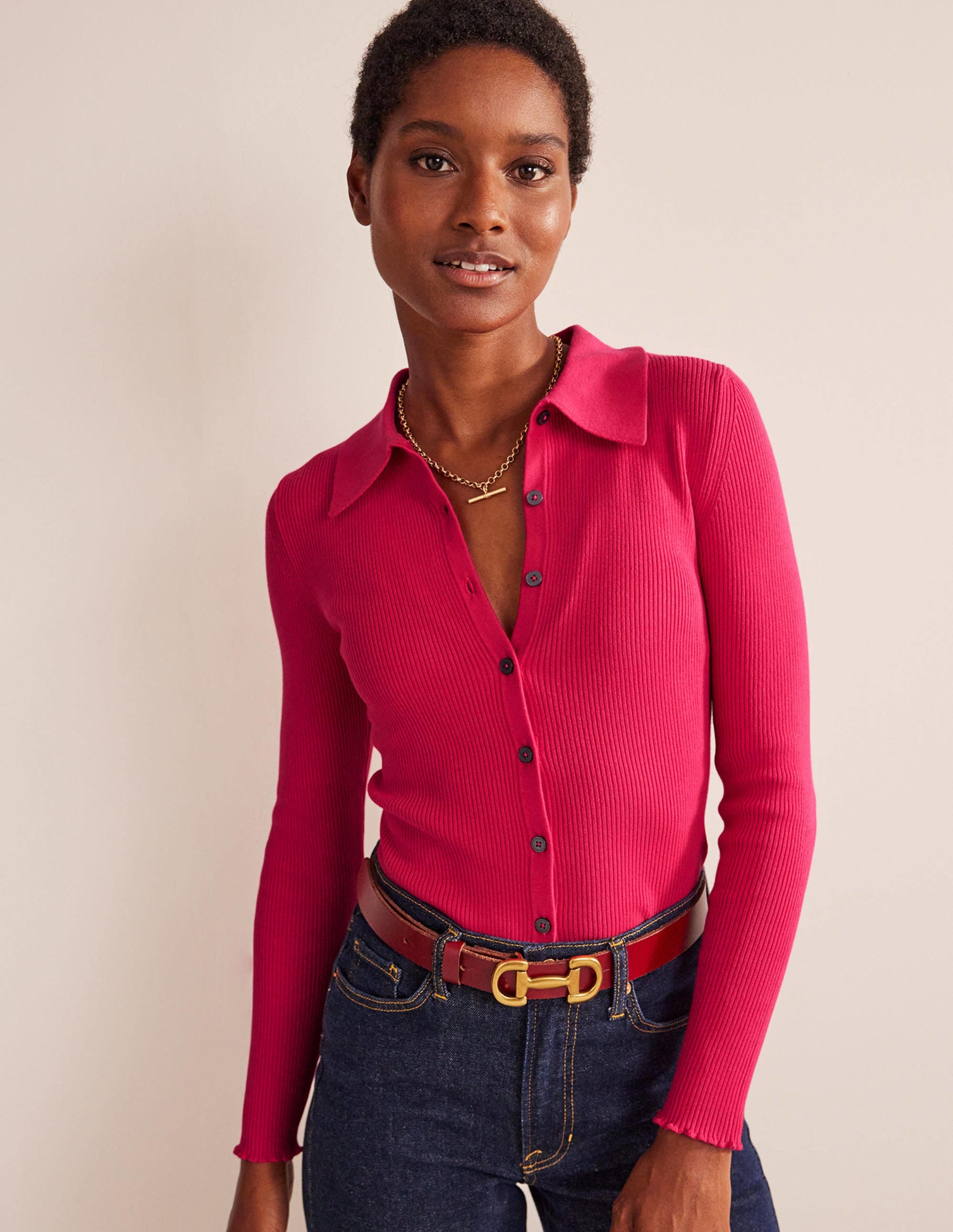 Ribbed-Knit Fitted Shirt-Virtual Pink - Image 1