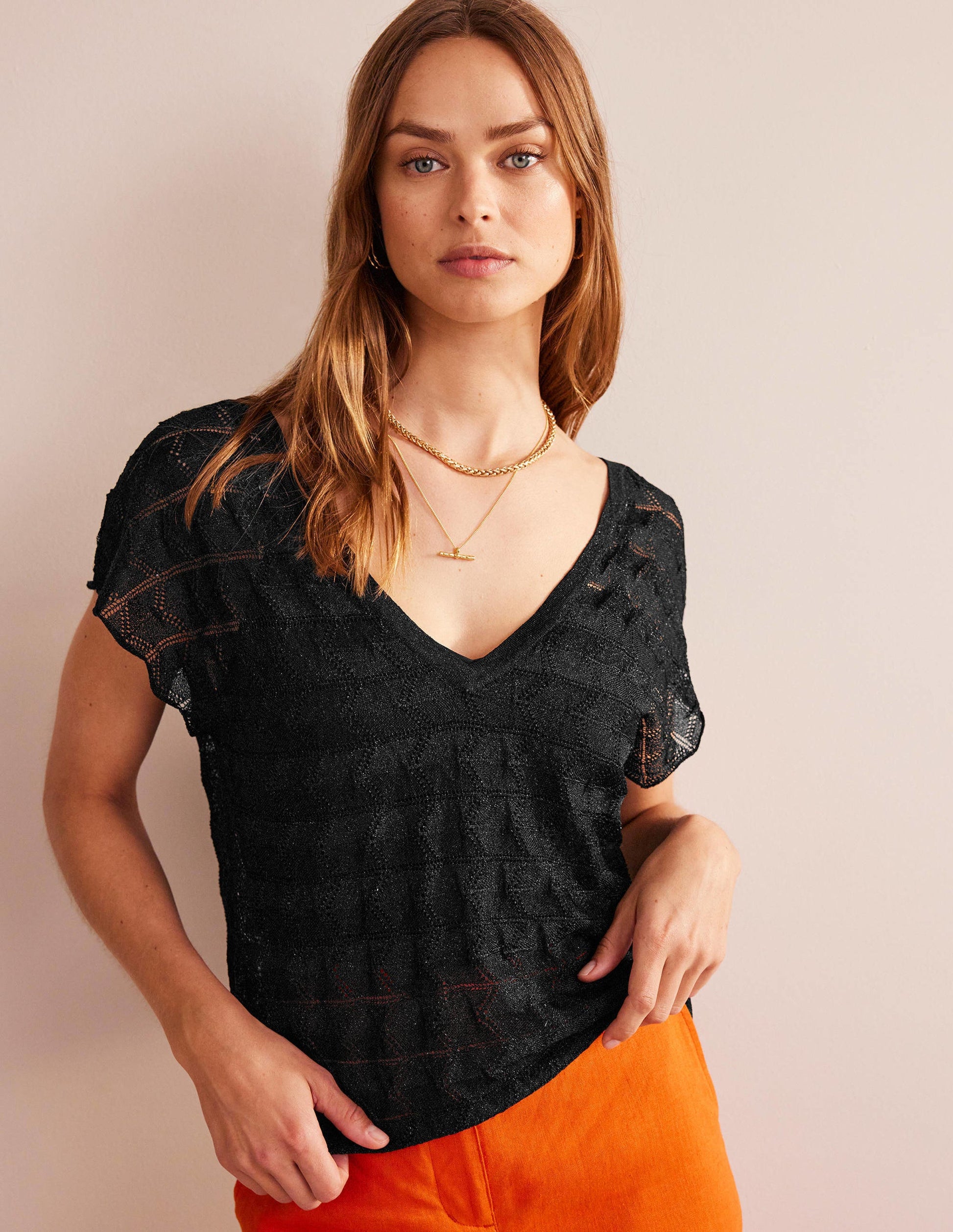 V-Neck Knitted Beach Top-Metallic Black-4