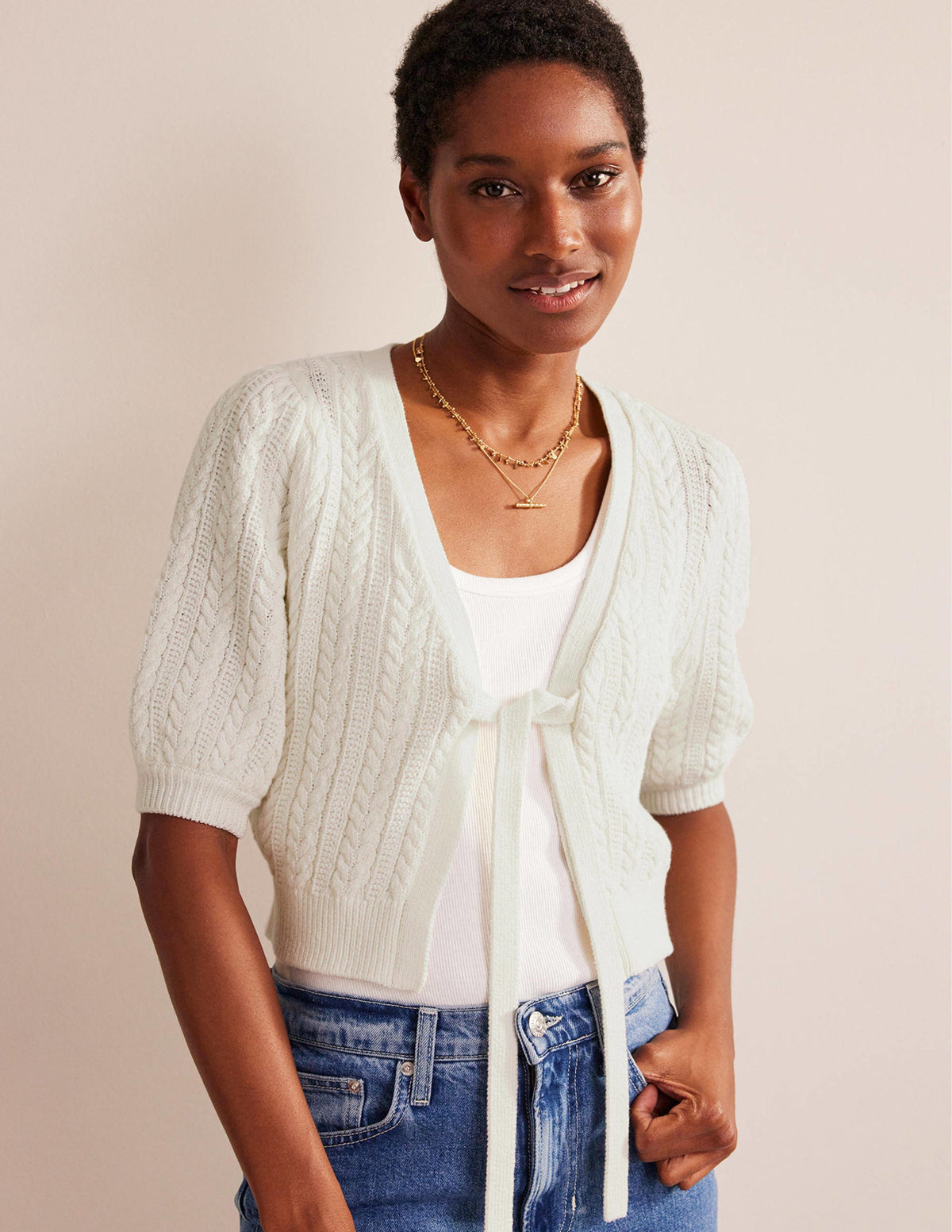 Bow-Trim Cropped Cardigan-Warm Ivory - Image 1