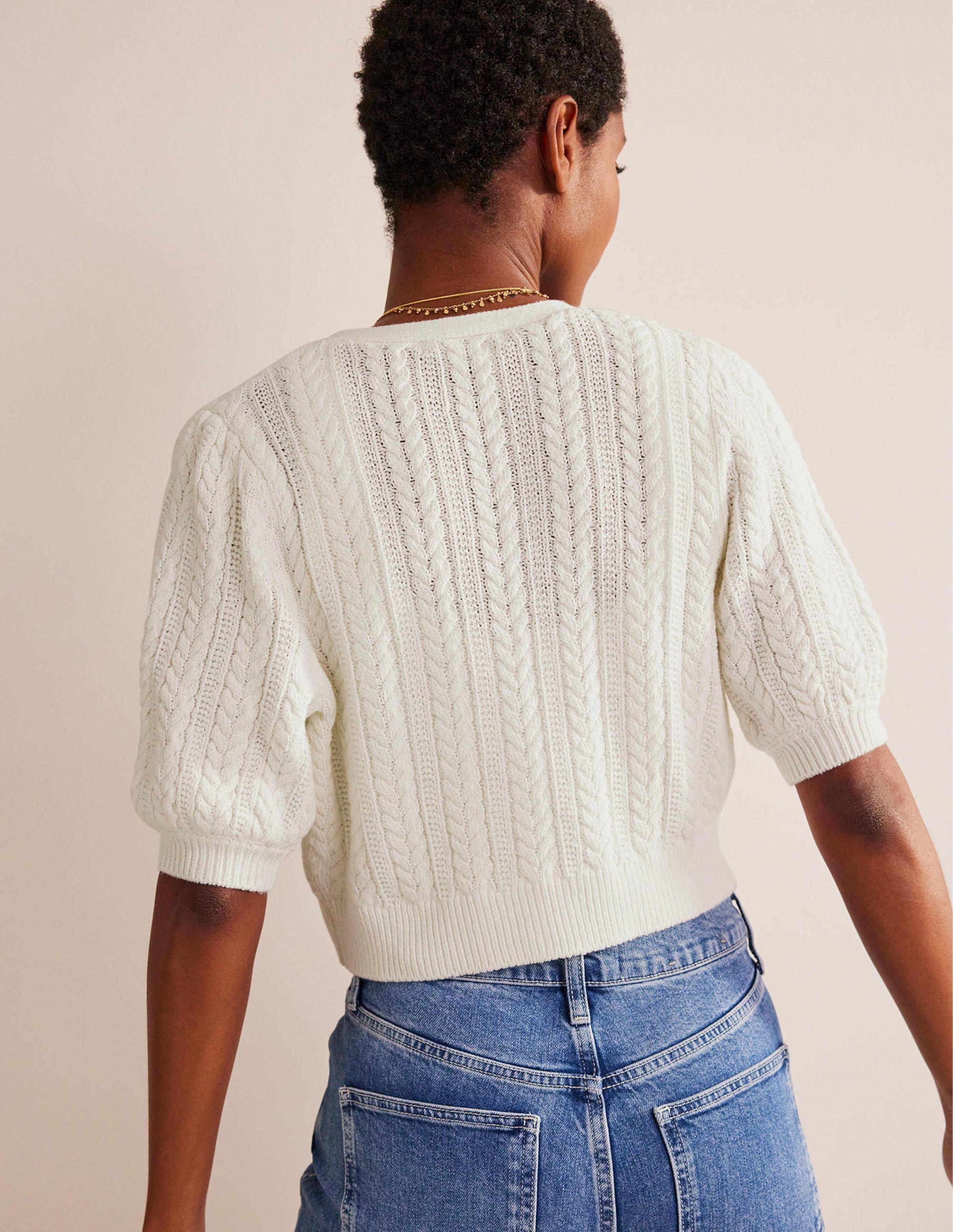 Bow-Trim Cropped Cardigan-Warm Ivory - Image 3