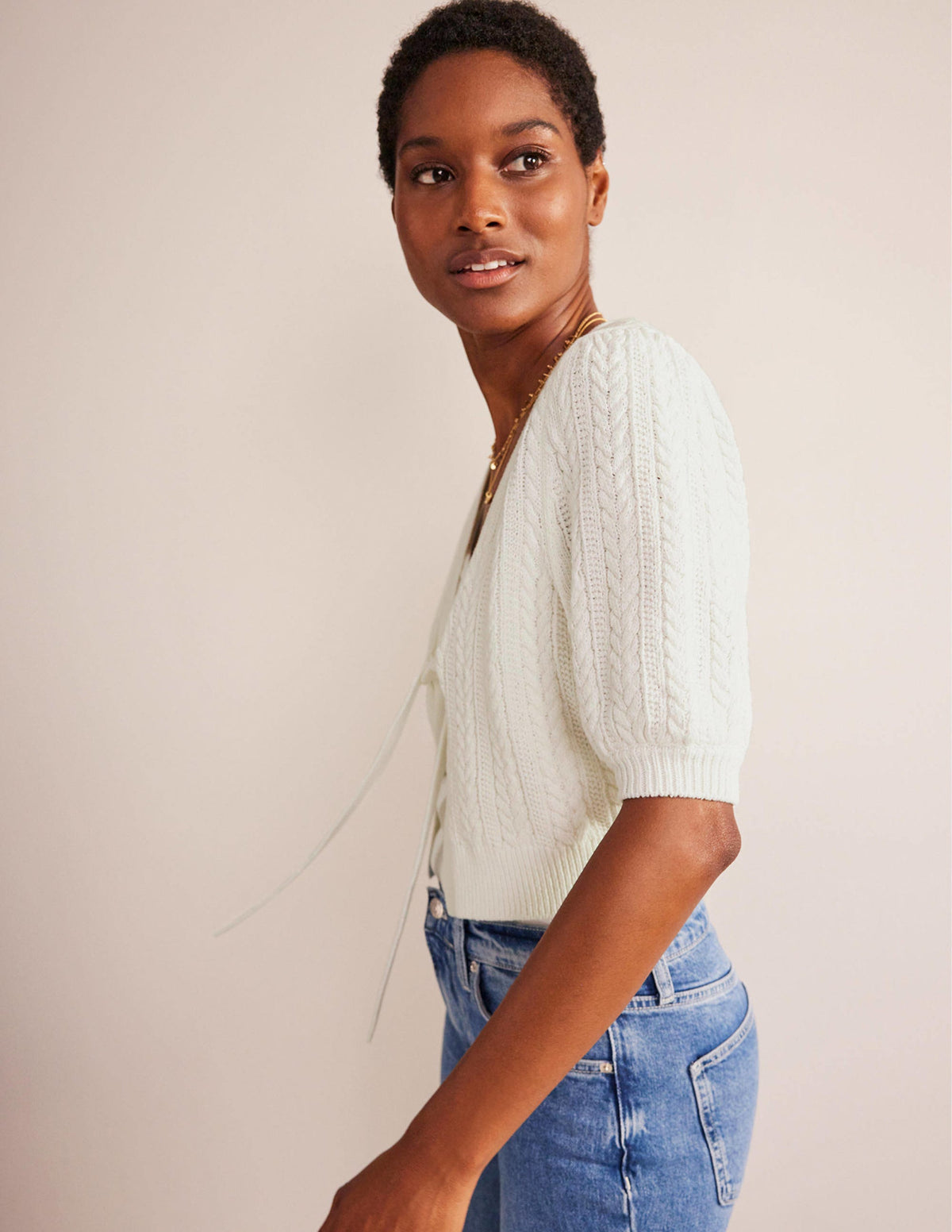 Bow-Trim Cropped Cardigan-Warm Ivory - Image 4