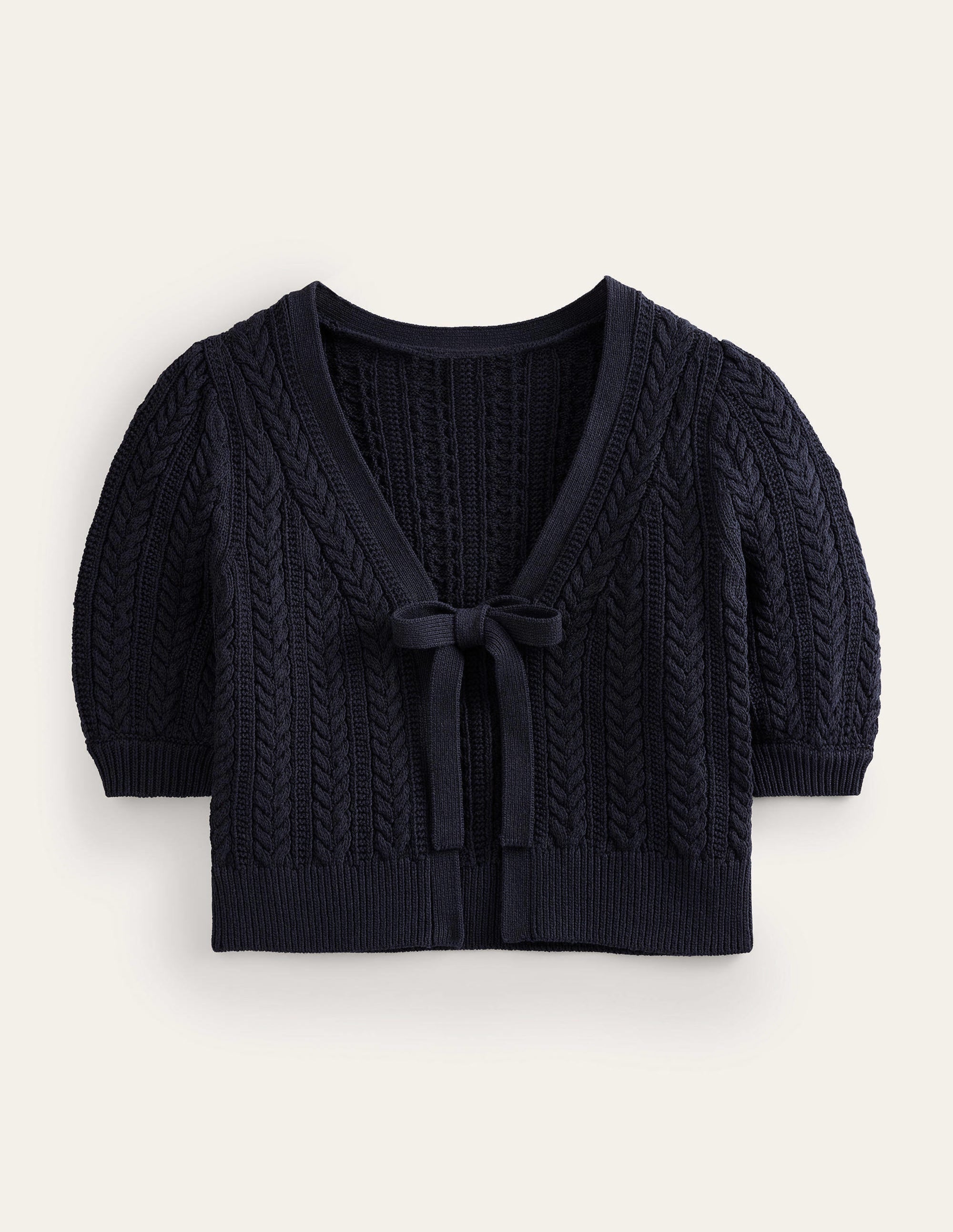 Bow-Trim Cropped Cardigan-Navy - Image 5
