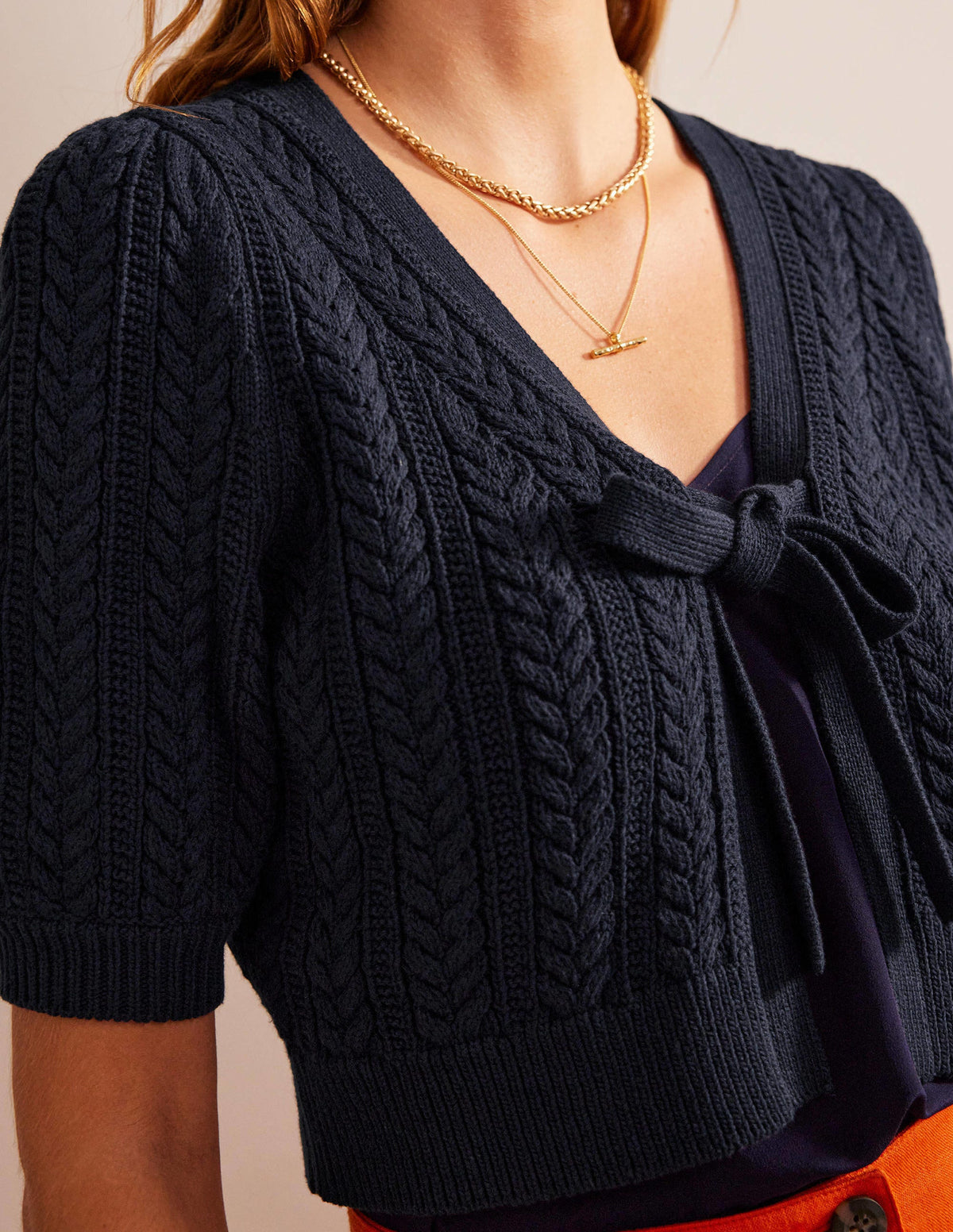 Bow-Trim Cropped Cardigan-Navy - Image 2