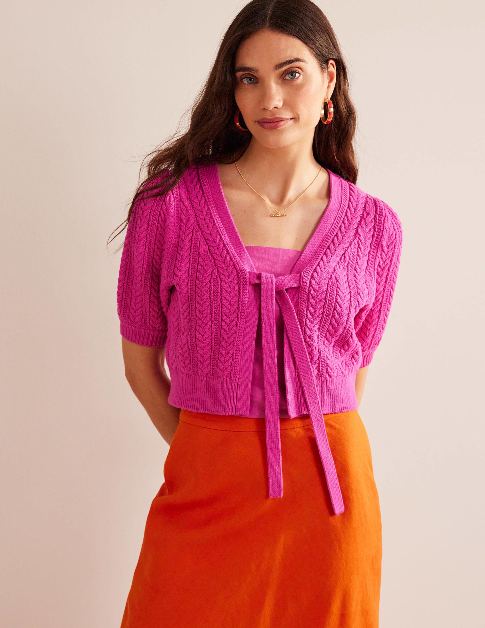 Bow-Trim Cropped Cardigan-Phlox Pink - Image 1