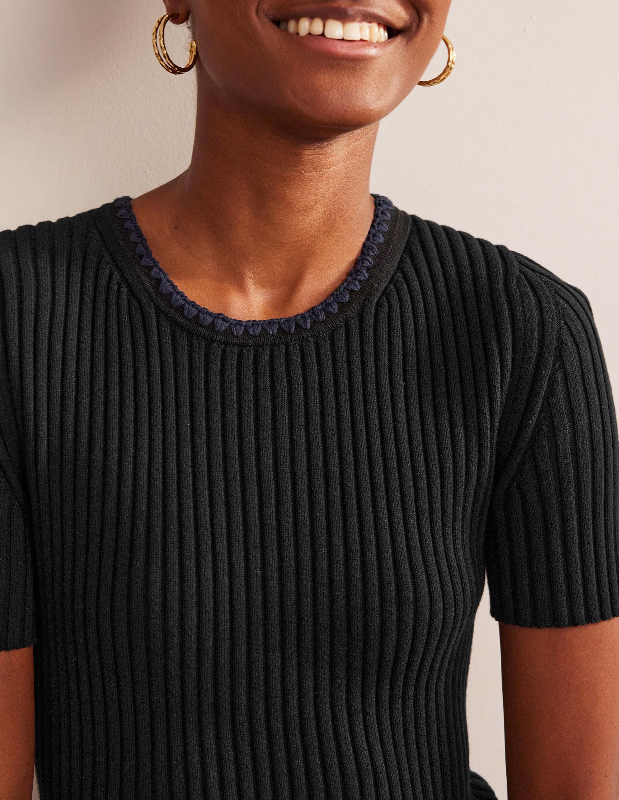 Crochet-Trim Knitted T-Shirt-Black - Image 2