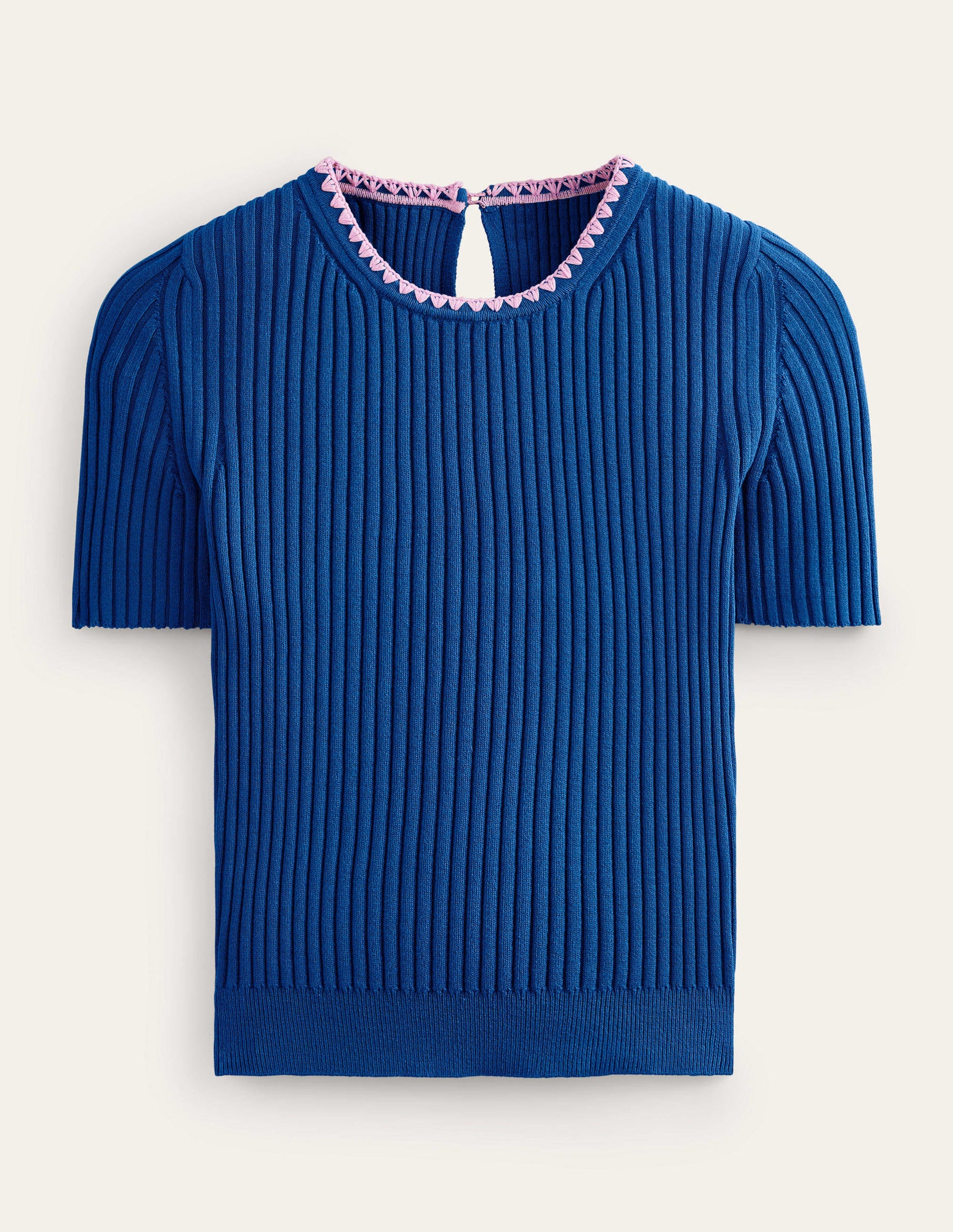 Crochet-Trim Knitted T-Shirt-Sapphire-6