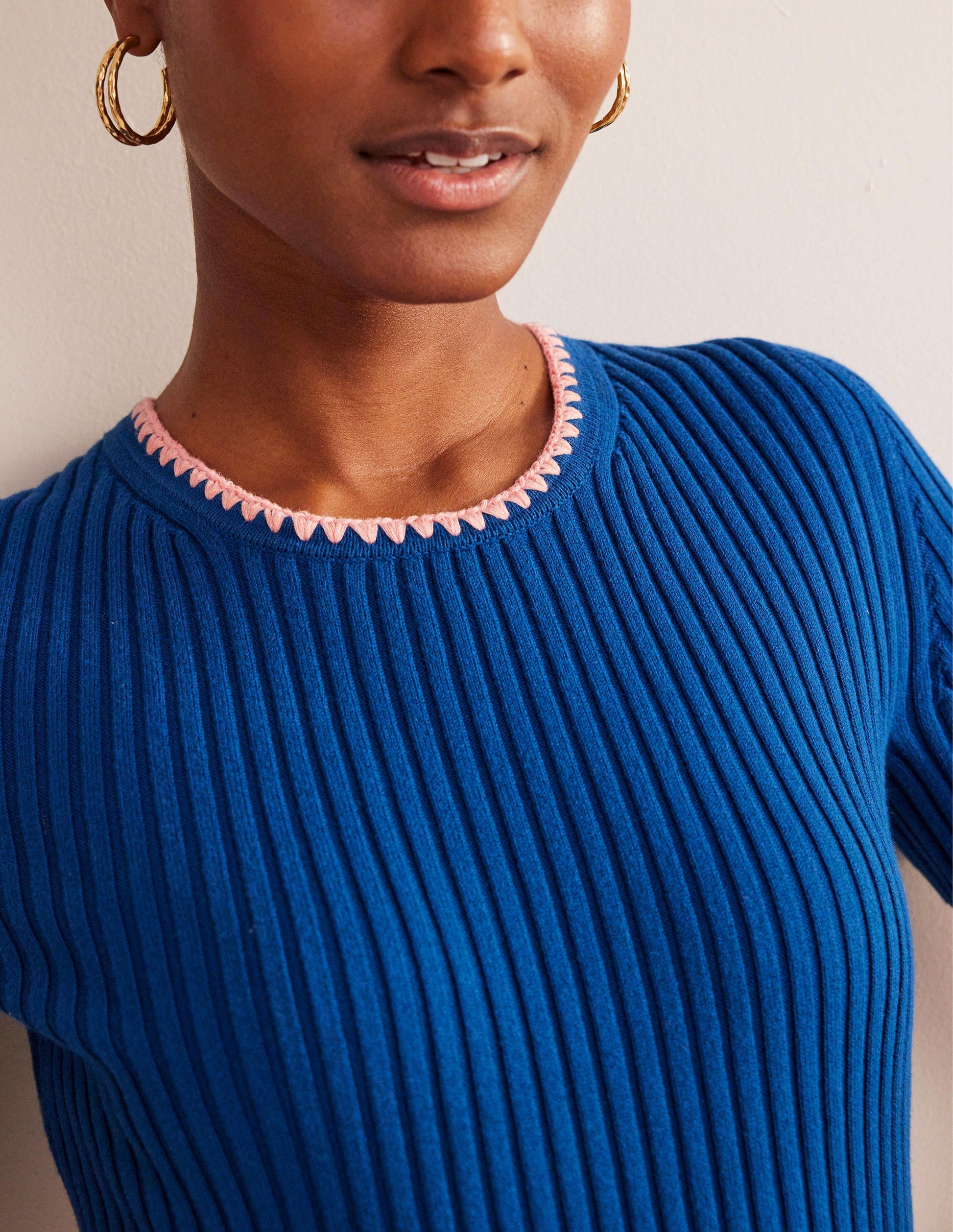 Crochet-Trim Knitted T-Shirt-Sapphire-2