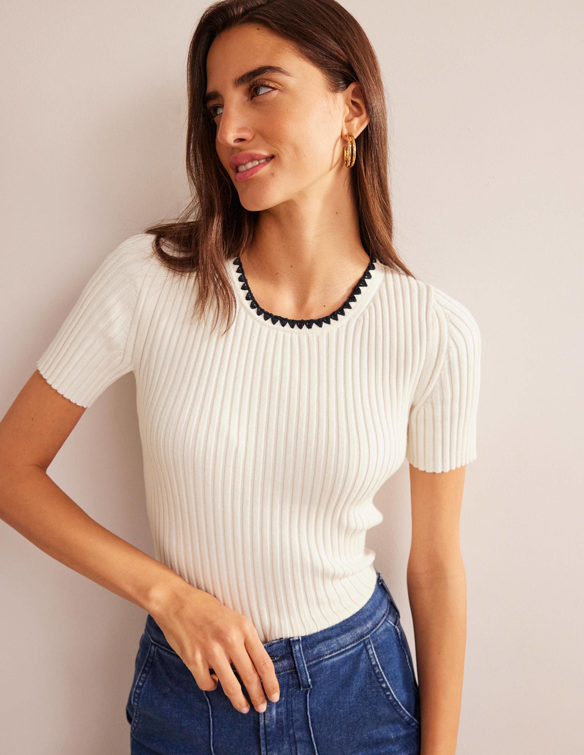 Crochet-Trim Knitted T-Shirt-Ivory - Image 4