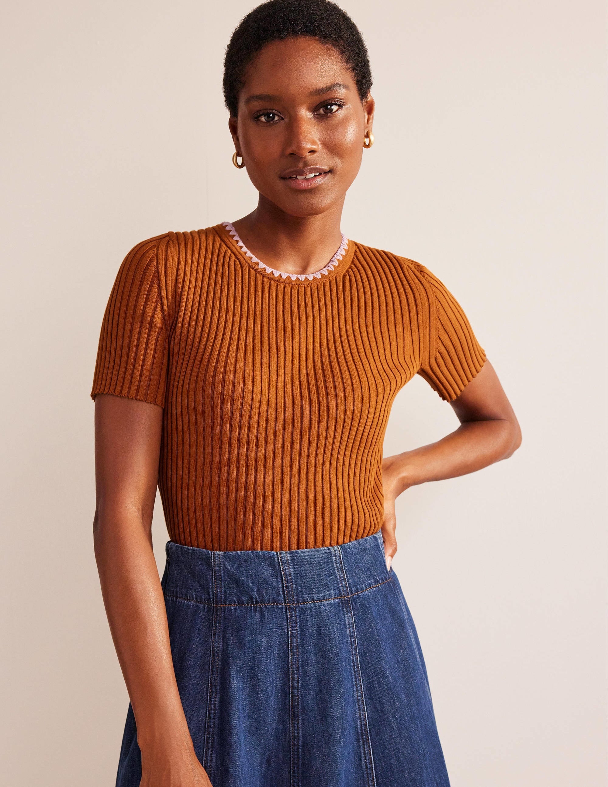 Crochet-Trim Knitted T-Shirt-Pumpkin - Image 1