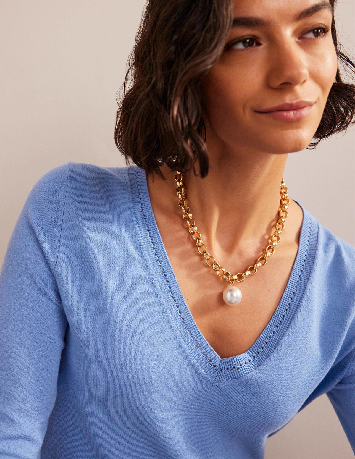 Catriona Cotton V-Neck Jumper-Marina - Image 2