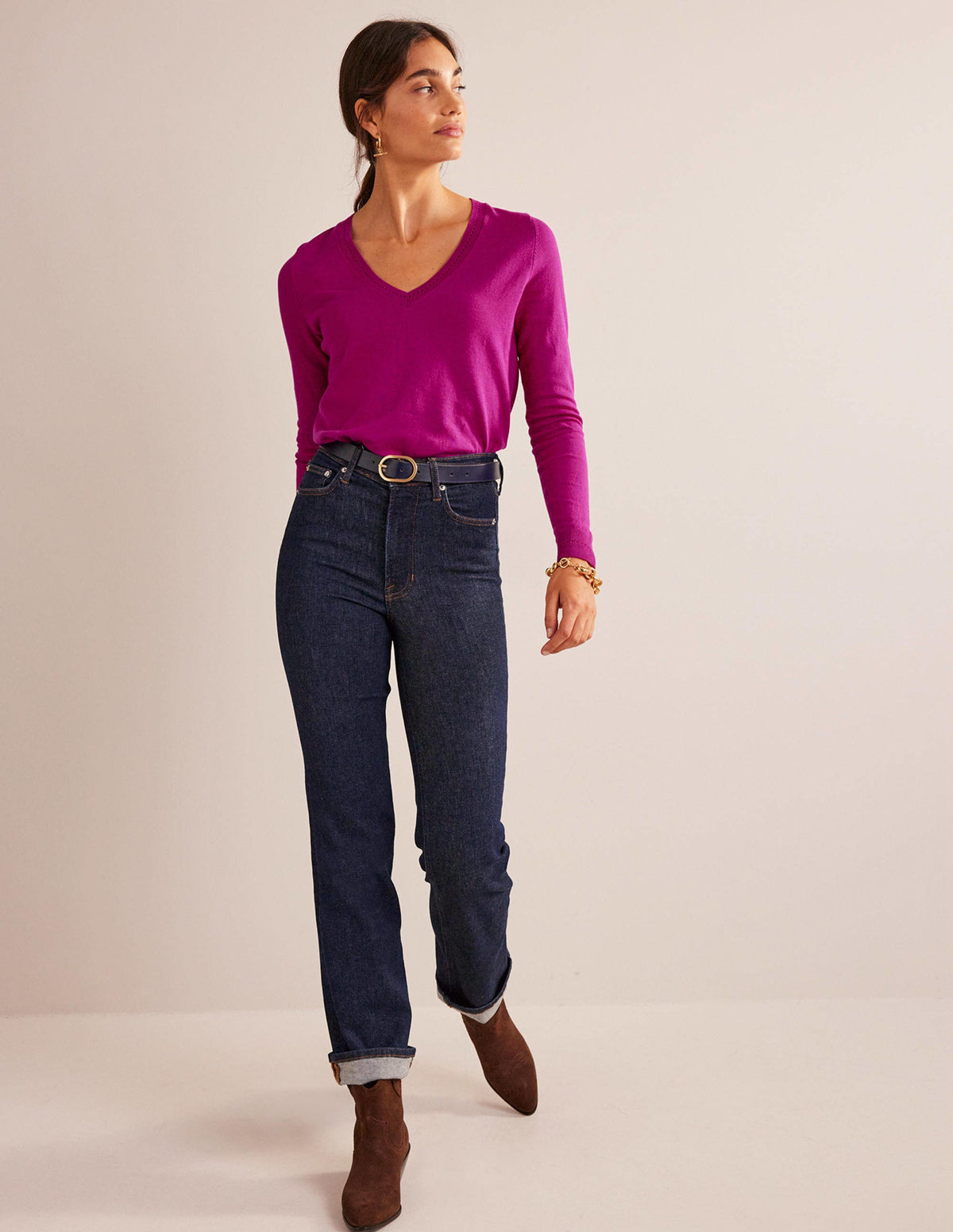 Catriona Cotton V-Neck Jumper-Festival Fuchsia - Image 3