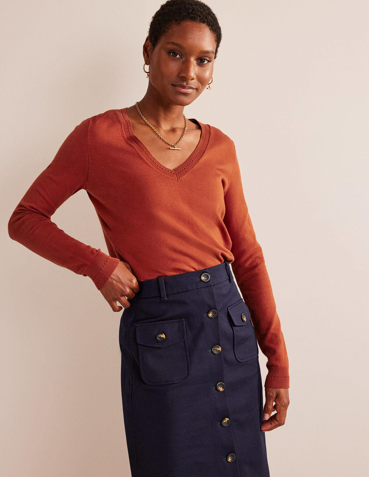 Catriona Cotton V-Neck Jumper-Chestnut Brown - Image 1