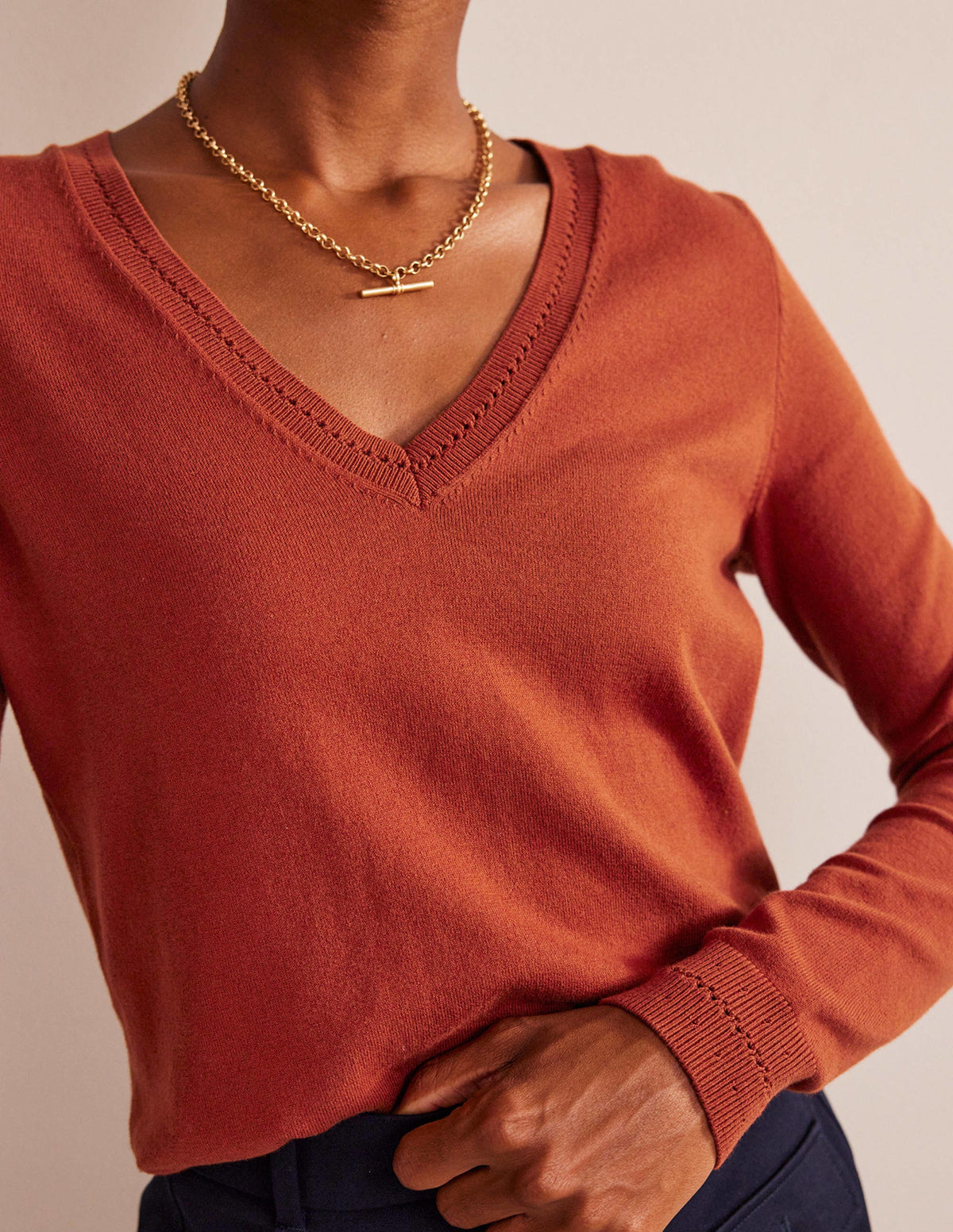 Catriona Cotton V-Neck Jumper-Chestnut Brown - Image 2