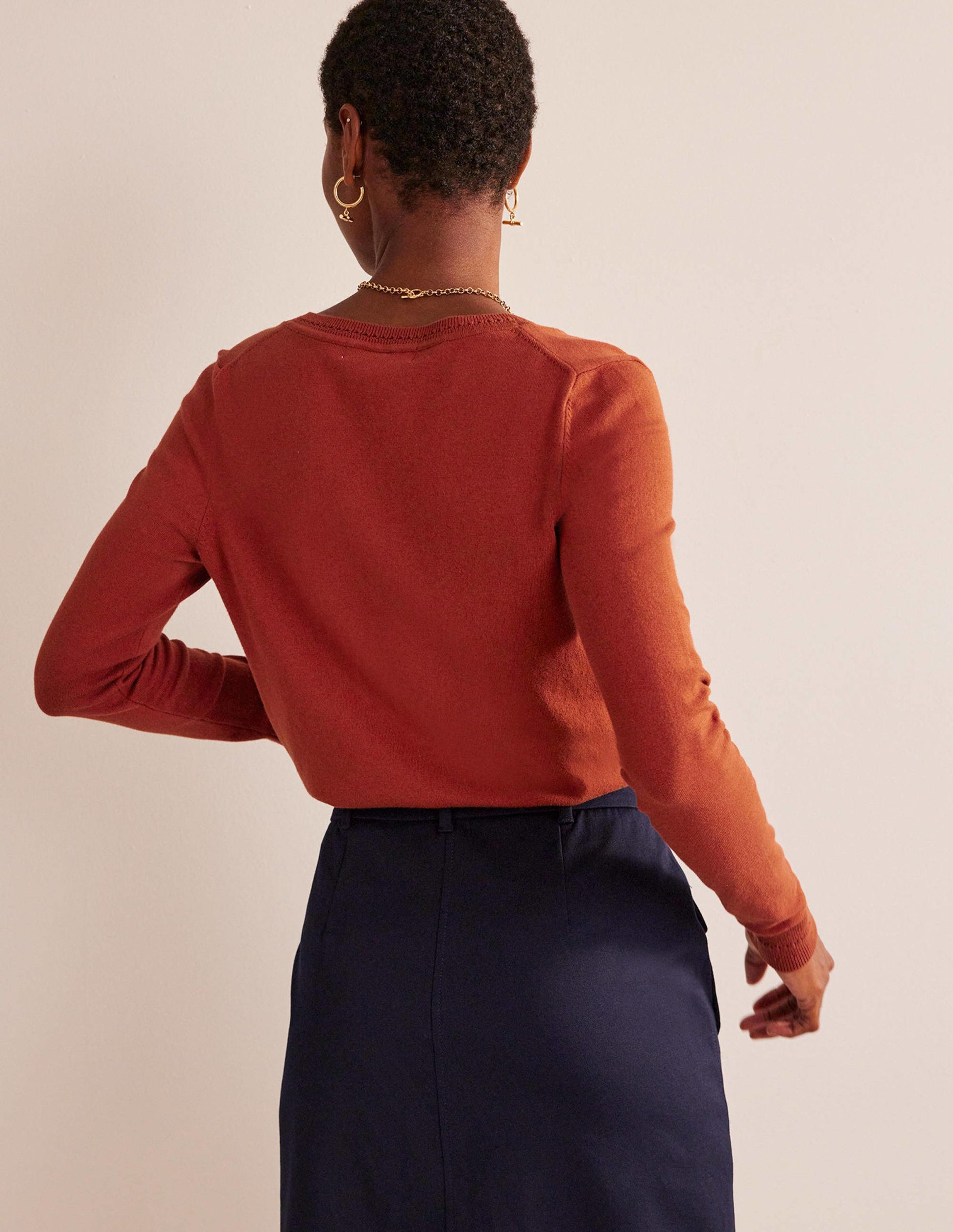 Catriona Cotton V-Neck Jumper-Chestnut Brown-3
