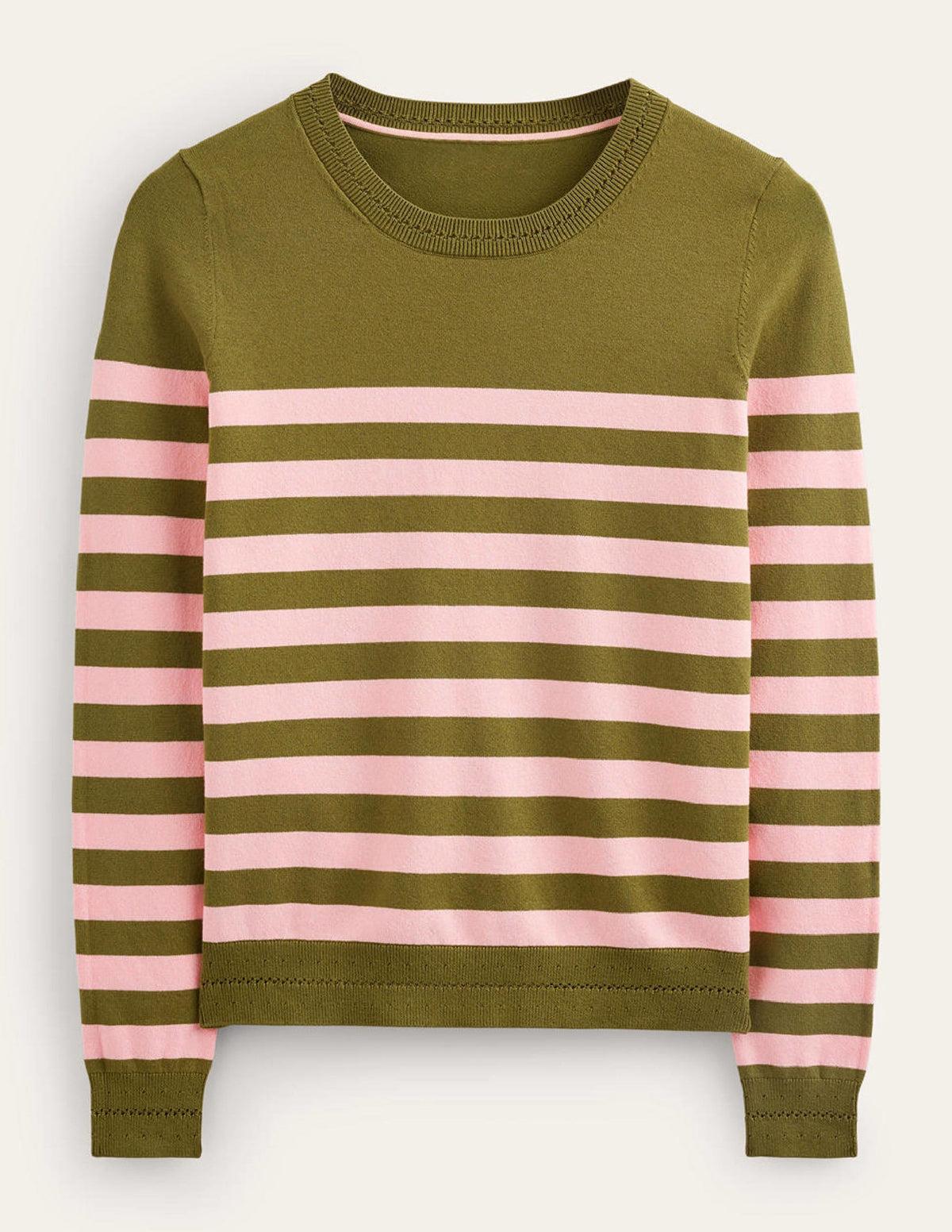 Catriona Cotton Crew Jumper-Chalky Pink and Green Olive - Image 5
