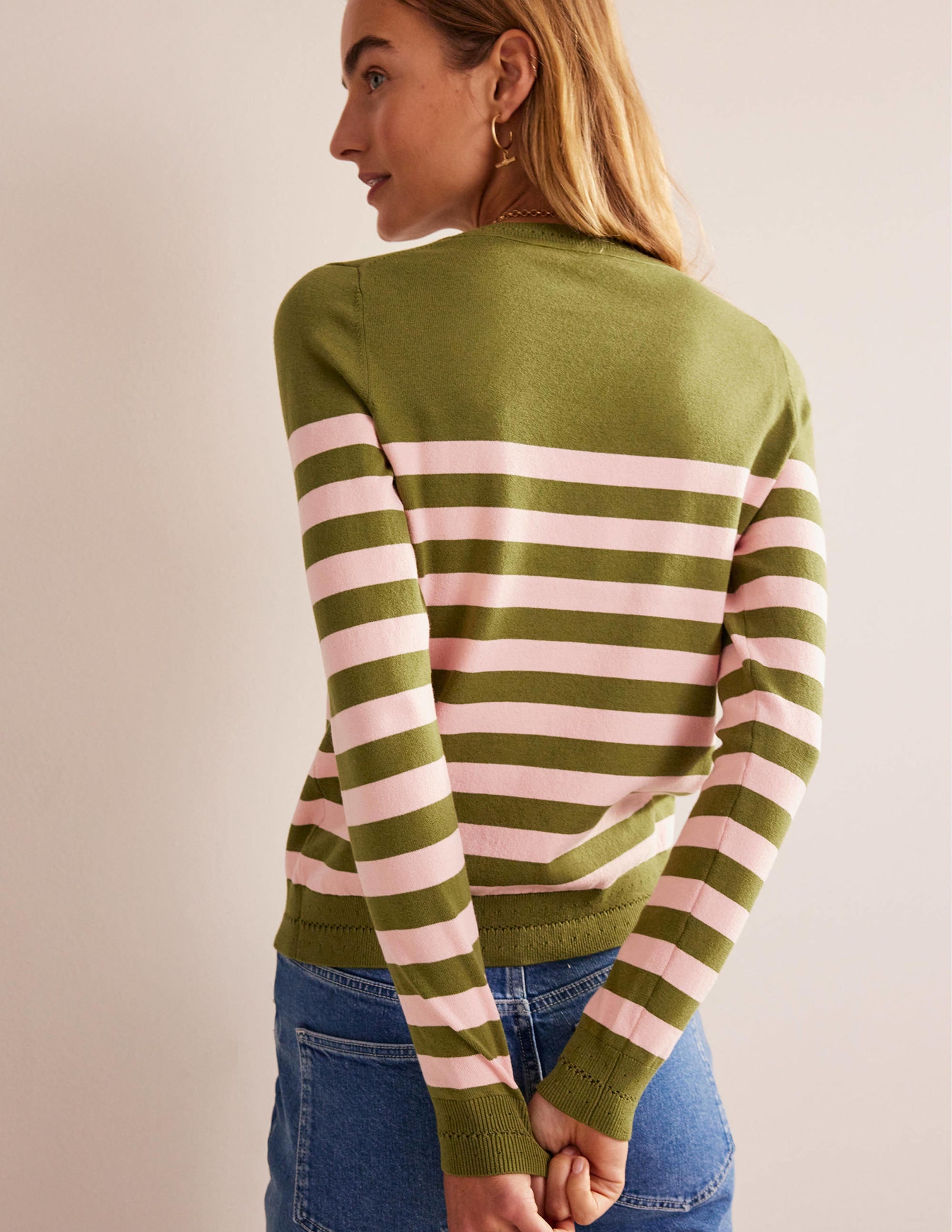 Catriona Cotton Crew Jumper-Chalky Pink and Green Olive - Image 3