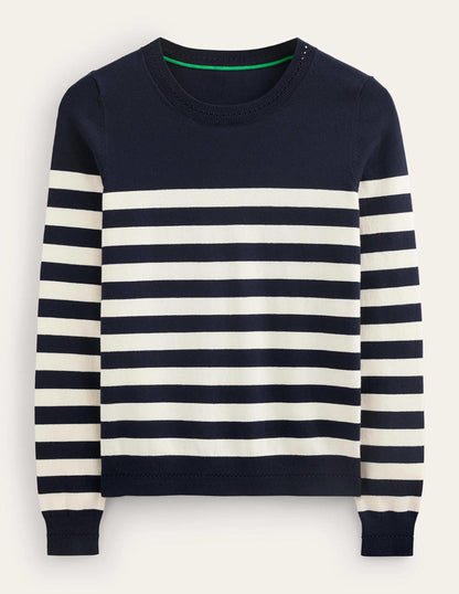 Catriona Cotton Crew Sweater-Navy/ Ivory