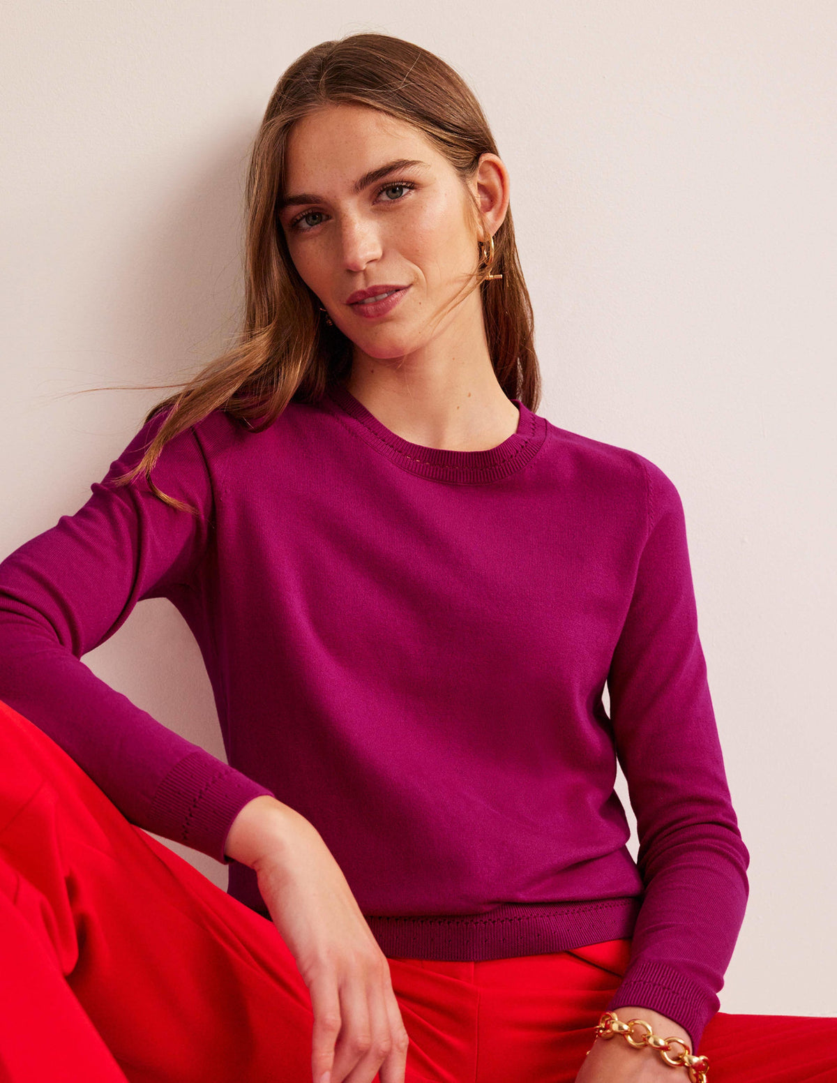 Catriona Cotton Crew Jumper-Festival Fuchsia - Image 1