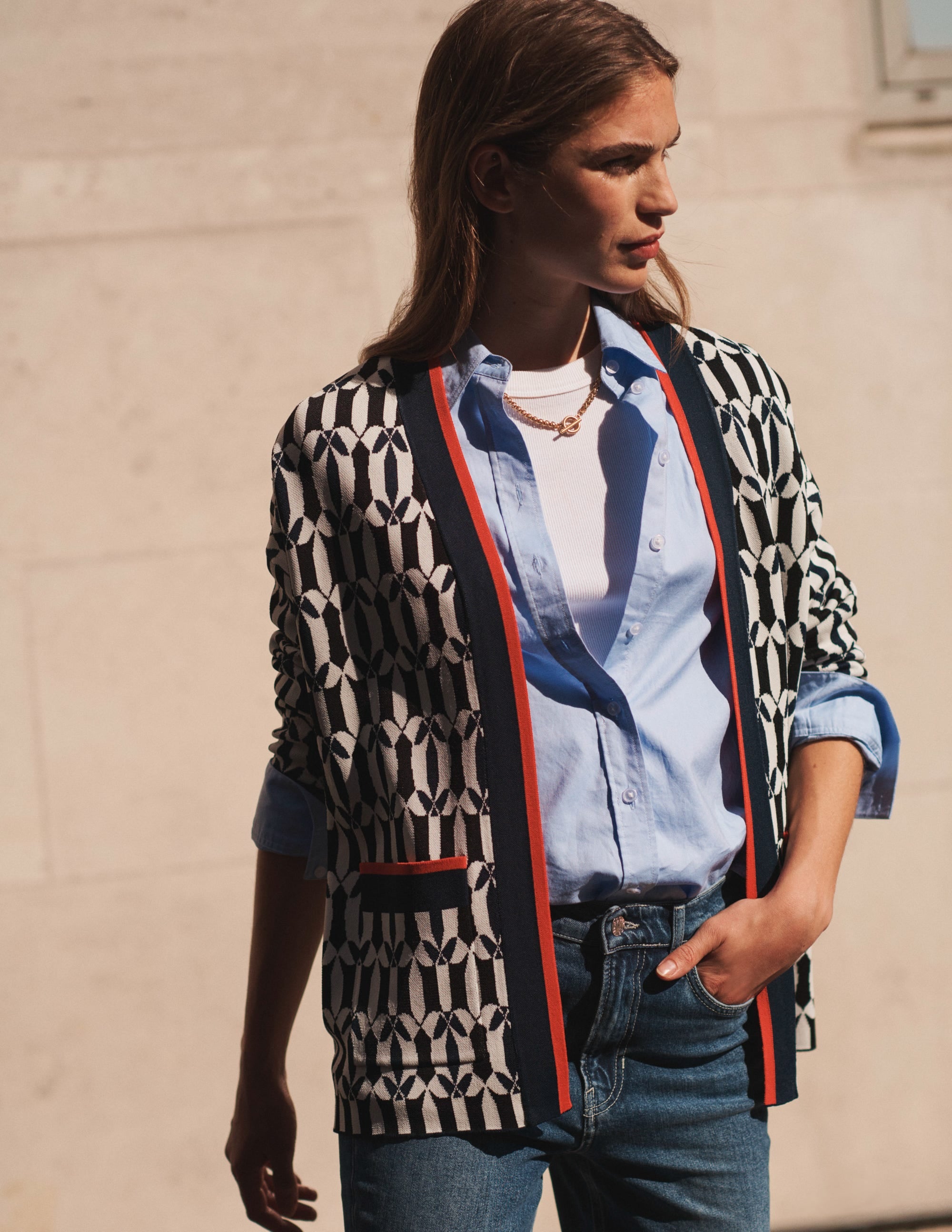 Jacquard Cardigan-Black and Ivory, Geometric - Image 5