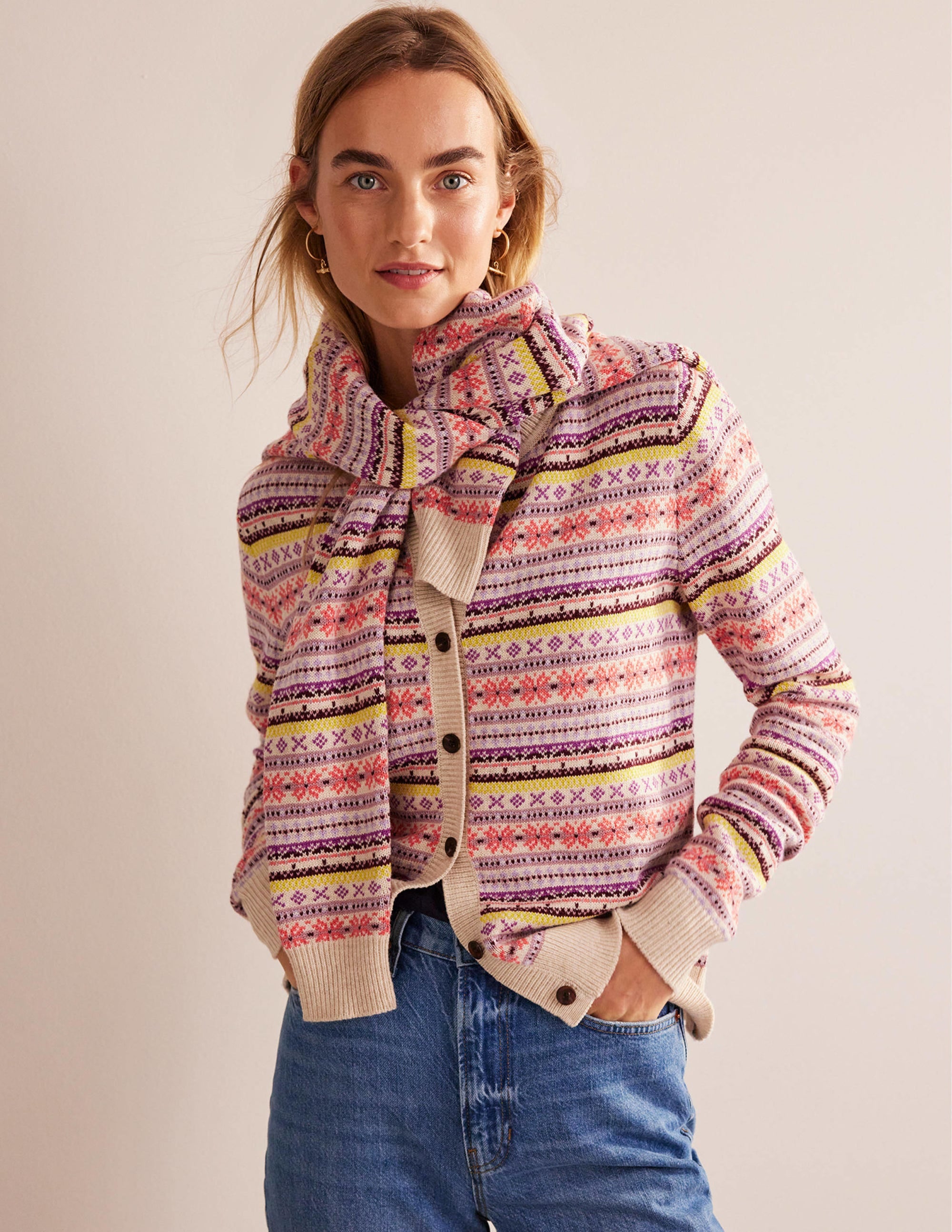 Edie Fair Isle Cardigan-Chalky Pink Fair Isle - Image 1