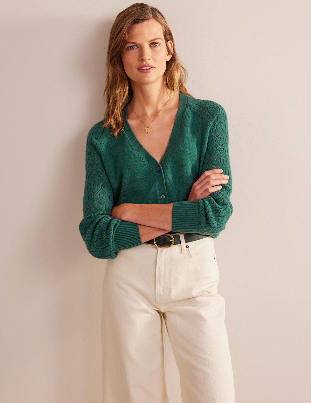Pointelle Sleeve Cardigan-Emerald Night - Image 4