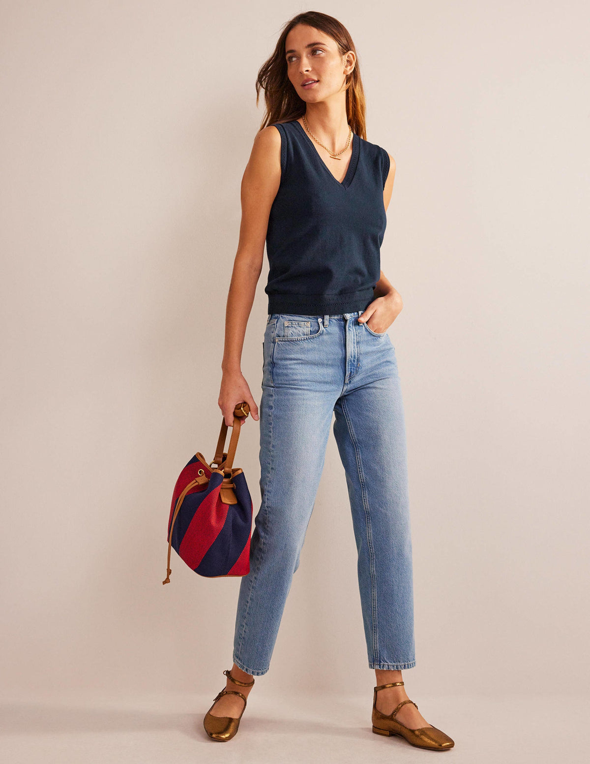 Catriona Cotton V-Neck Vest-Navy - Image 4