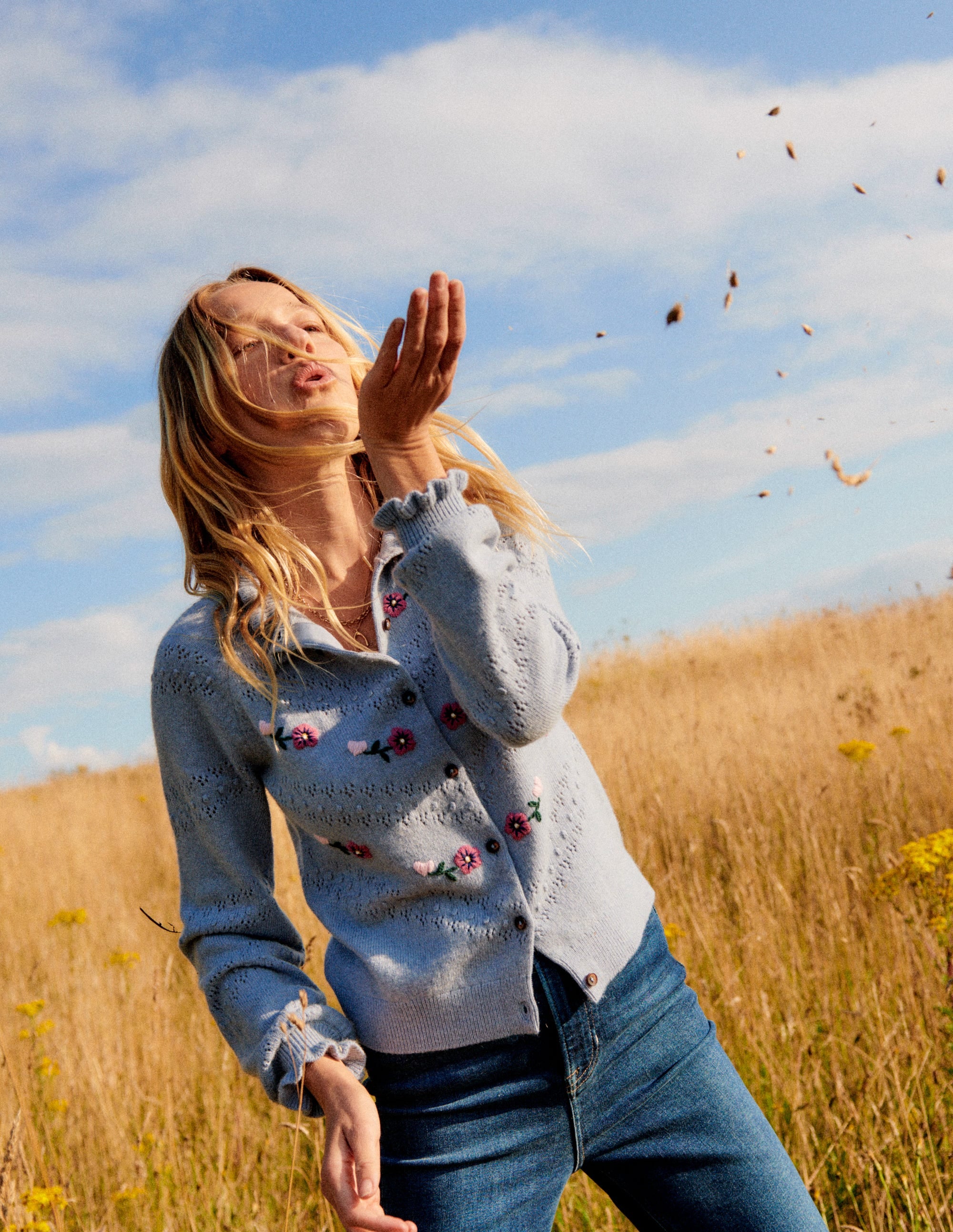 Floral-Embroidered Cardigan-Blue Pebble - Image 5