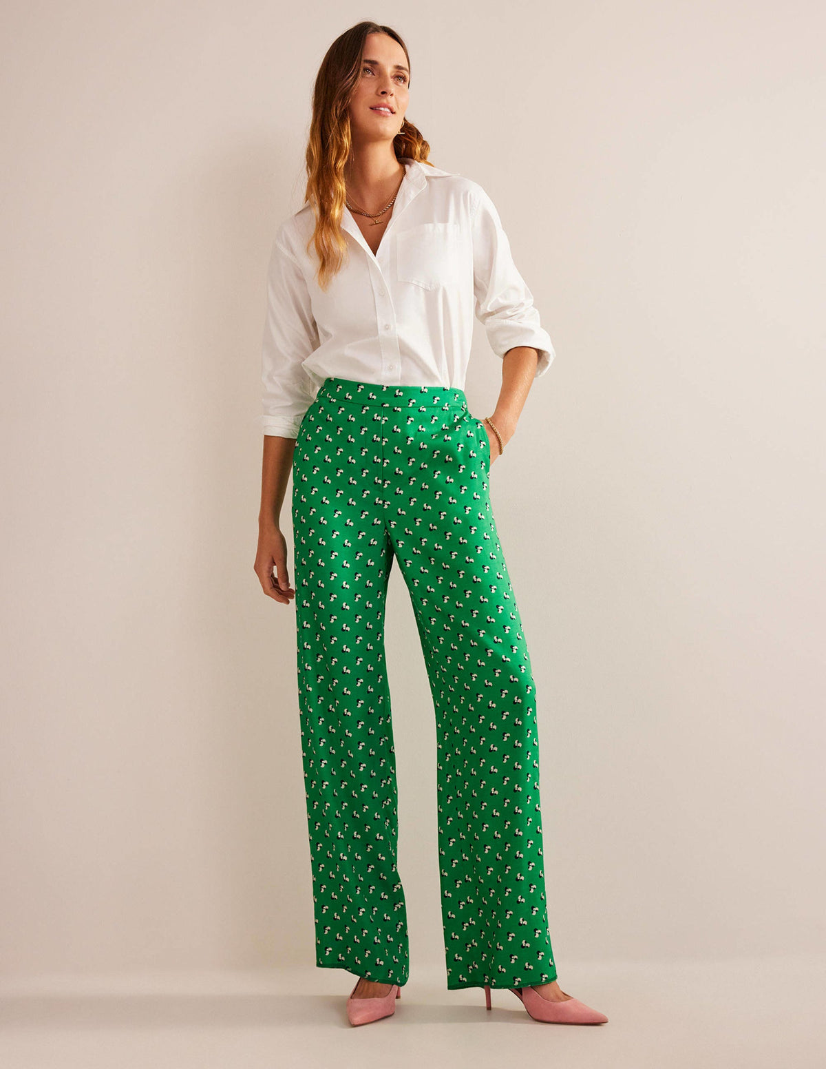 Printed Pull-On Pants-Meadow Green, Falling Dot - Image 1