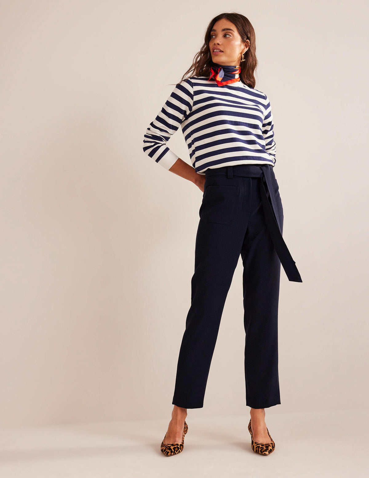 Tie-Waist Tapered Pants-Navy-1