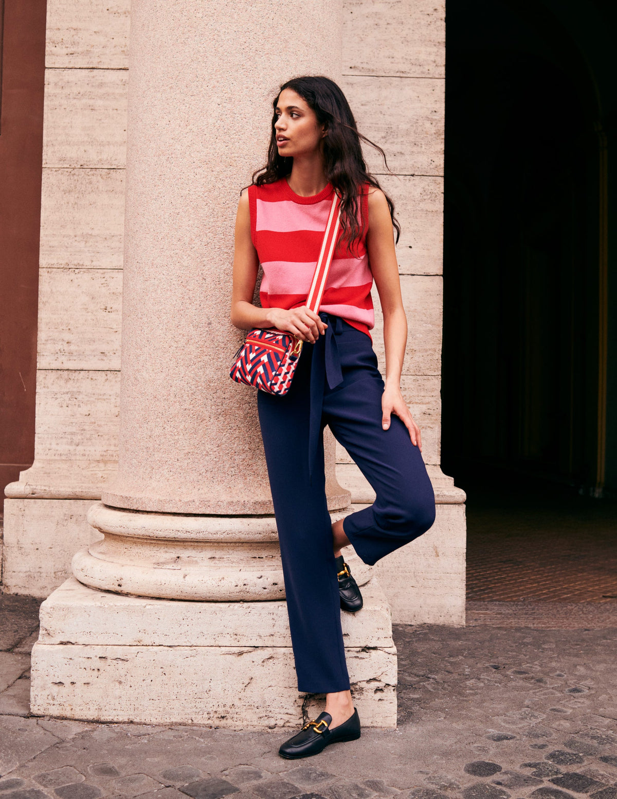 Tie-Waist Tapered Pants-Navy - Image 5