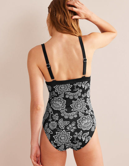 Triangle Panelled Swimsuit-Black, White Floral