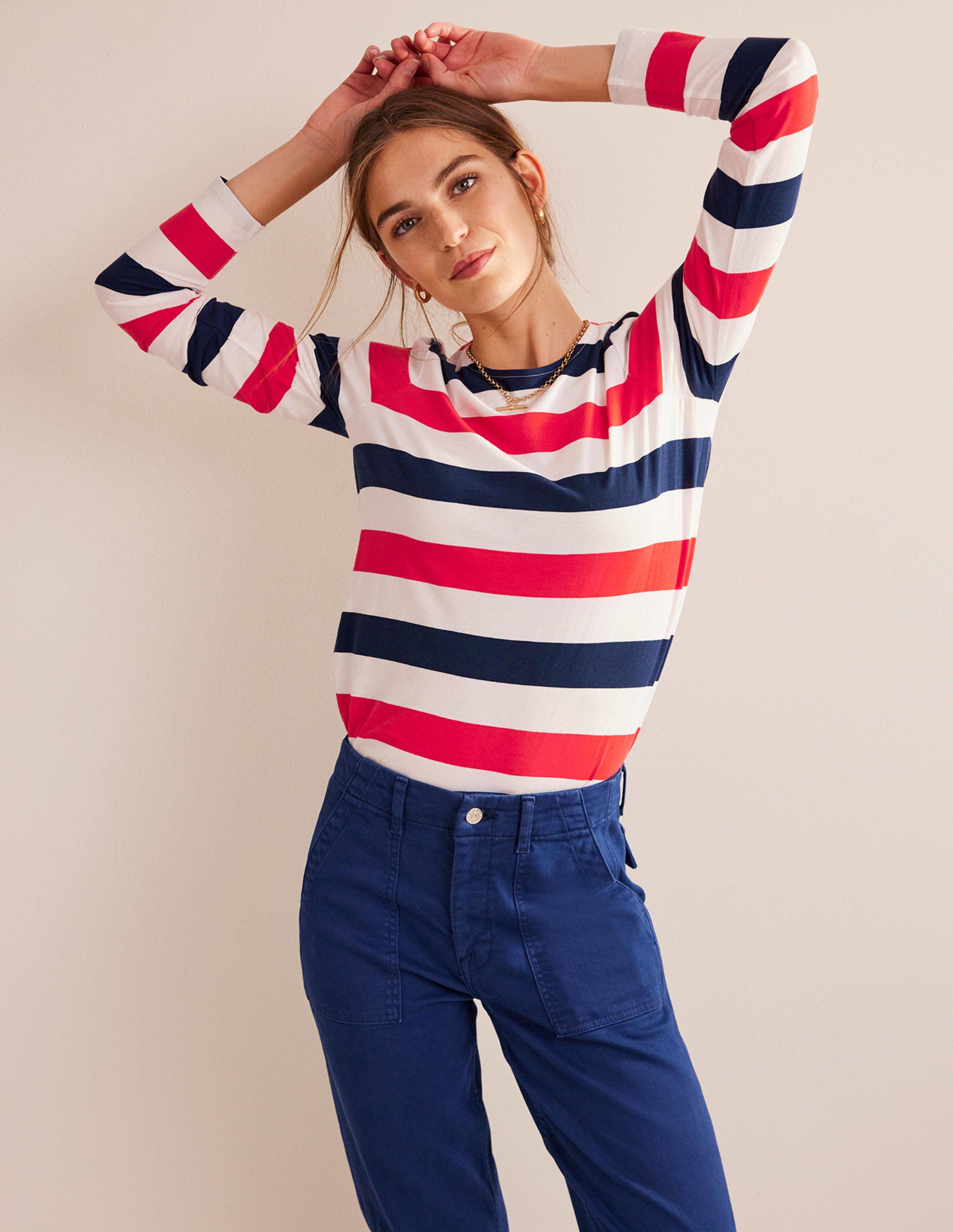 Bea Long Sleeve Breton-Cherry Red and Navy - Image 1