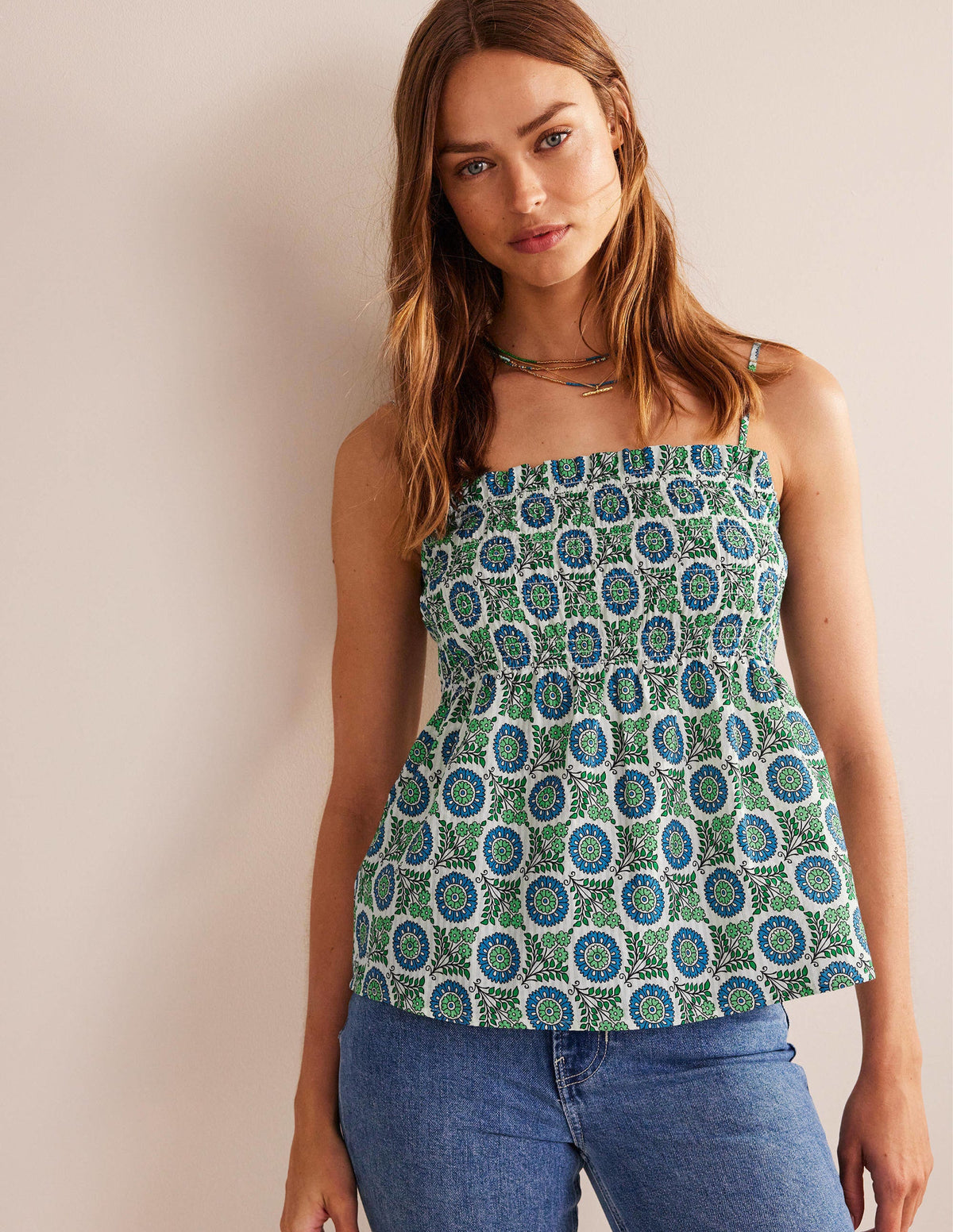 Smocked Cami Top-Aegean Blue, Sunflower Sprig-1