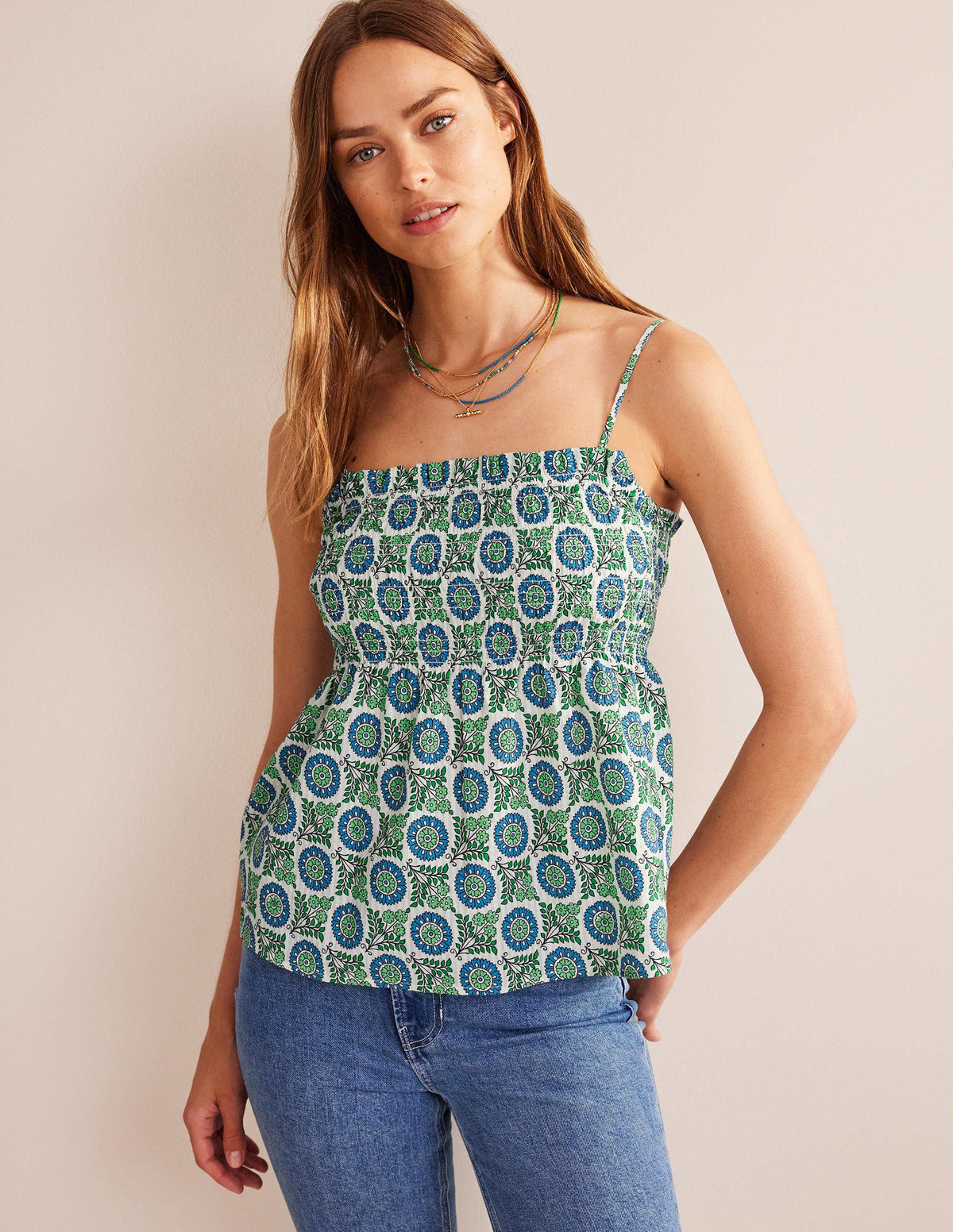 Smocked Cami Top-Aegean Blue, Sunflower Sprig - Image 4